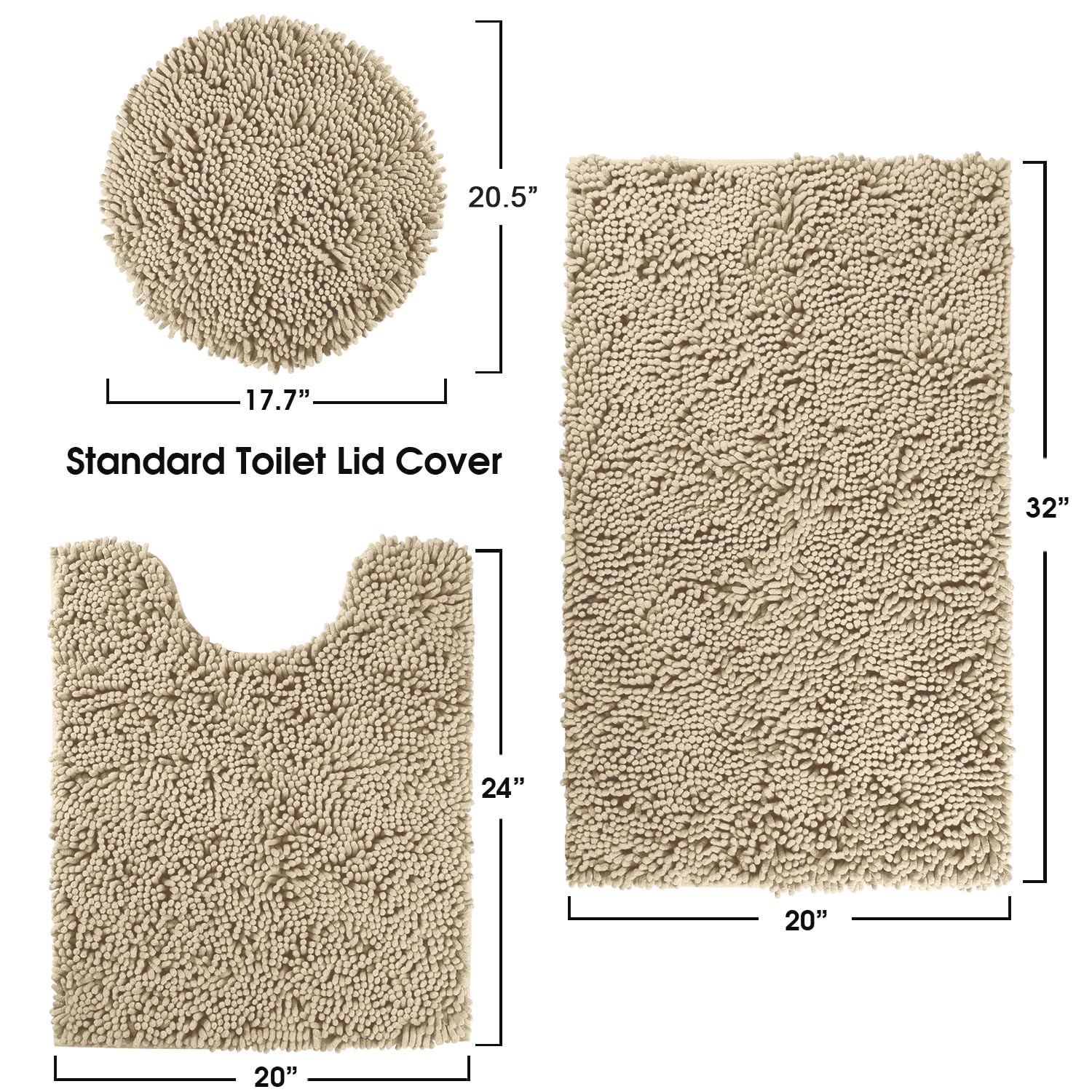 Homeideas 3 Pieces Beige Bathroom Rugs Set, Ultra Soft Non Slip Bath Rug And Absorbent Chenille Bath Mat, Includes U-Shaped Cont