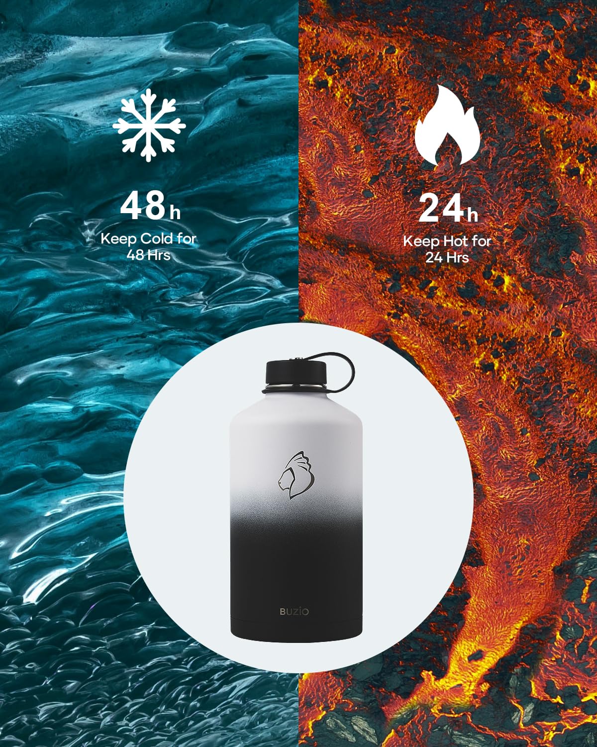 Buzio 1 Gallon Water Bottle, 128Oz Insulated Water Jug Double Walled Vacuum Stainless Steel Travel Flask (Cold For 48 Hrs), Leak