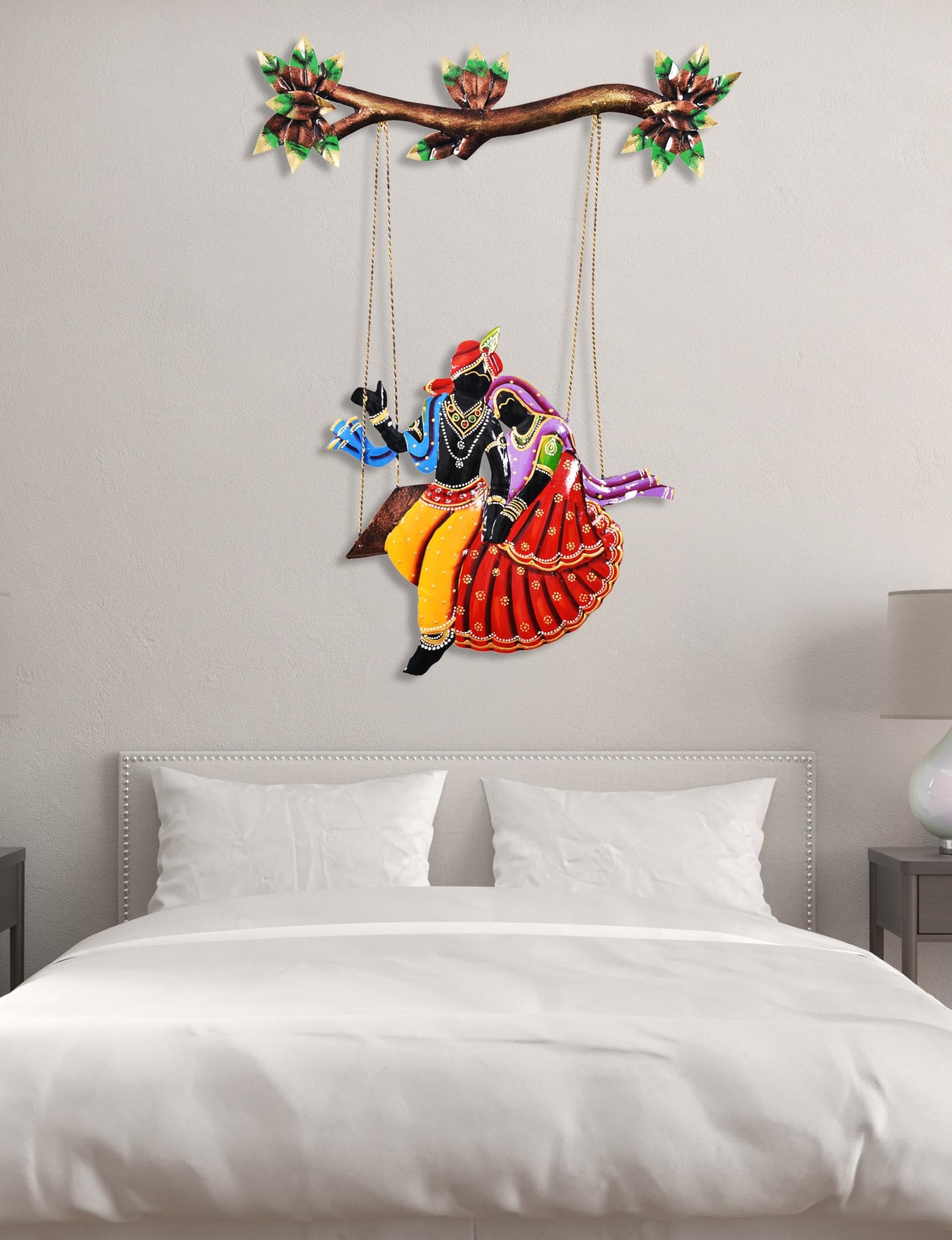 Craftowl Iron Radha Krishna Sitting On Jhula Wall Hanging | Rajasthani Wall Sculpture Figurine For Gift, Home Decor, Living Room