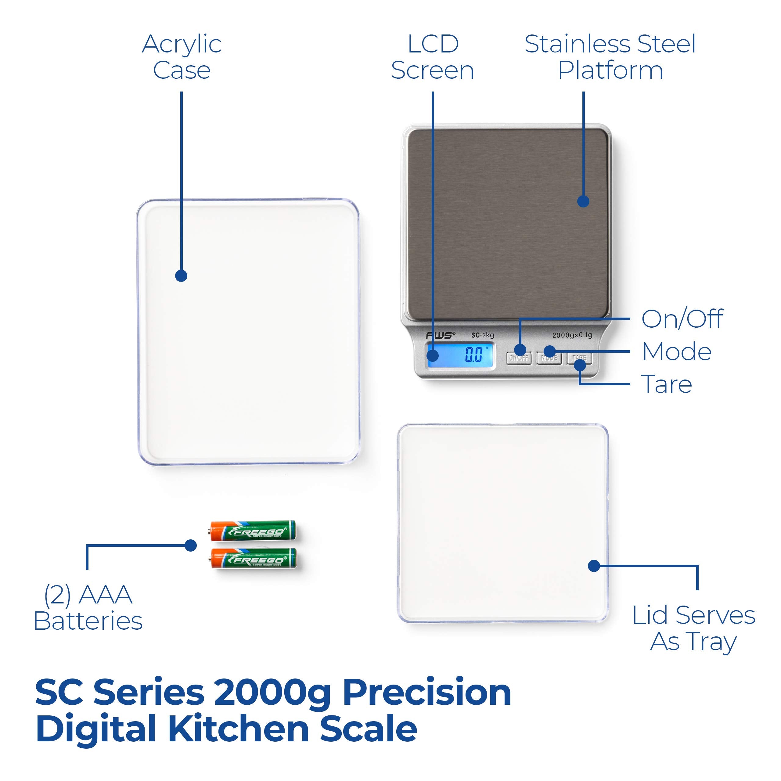 Sc Series Precision Digital Kitchen Weight Scale, Food Measuring Scale, 2Kg X 0.1G (Silver), Amw-Sc-2Kg - American Weigh Scale