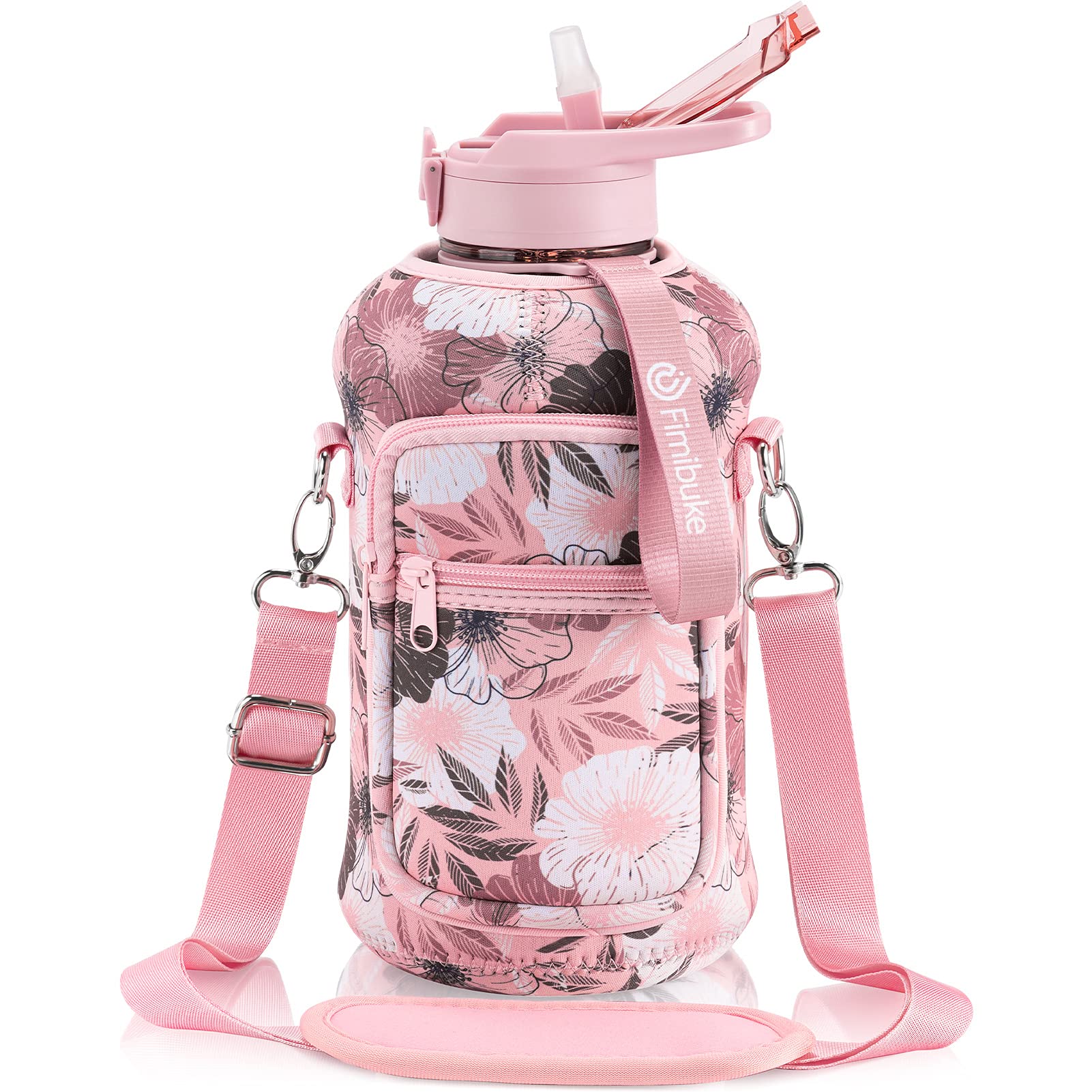 Fimibuke Half Gallon Water Bottle With Sleeve 64 Oz Water Bottle With Handle & Straw Leakproof Motivational Sports Gym Water Bot