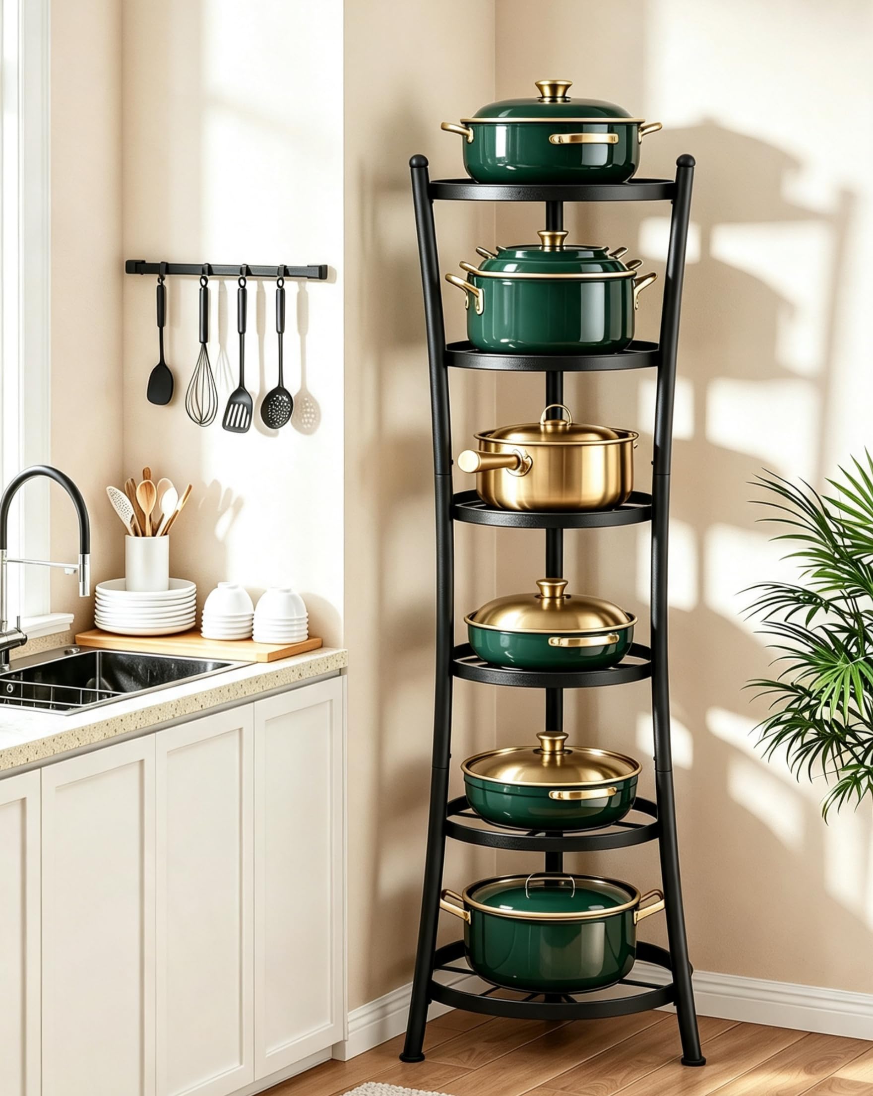 CHOEZON 6Tier Freestanding Pot Rack, 100 Lbs Cast Iron Cookware Stand, Sturdy Pan Holder Tower with AntiTip Feet, Large Storag