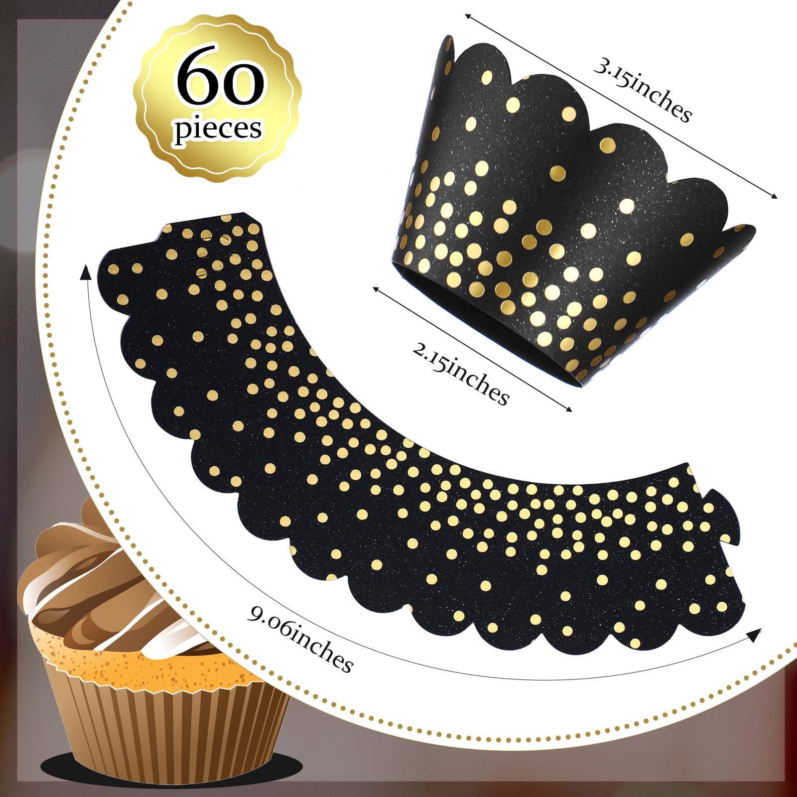 Zhehao 60 Pcs Gold Polka Dots Cupcake Wrappers Adjustable Cupcake Liners Paper Baking Cups Disposable Muffin Liners Cupcake Hold
