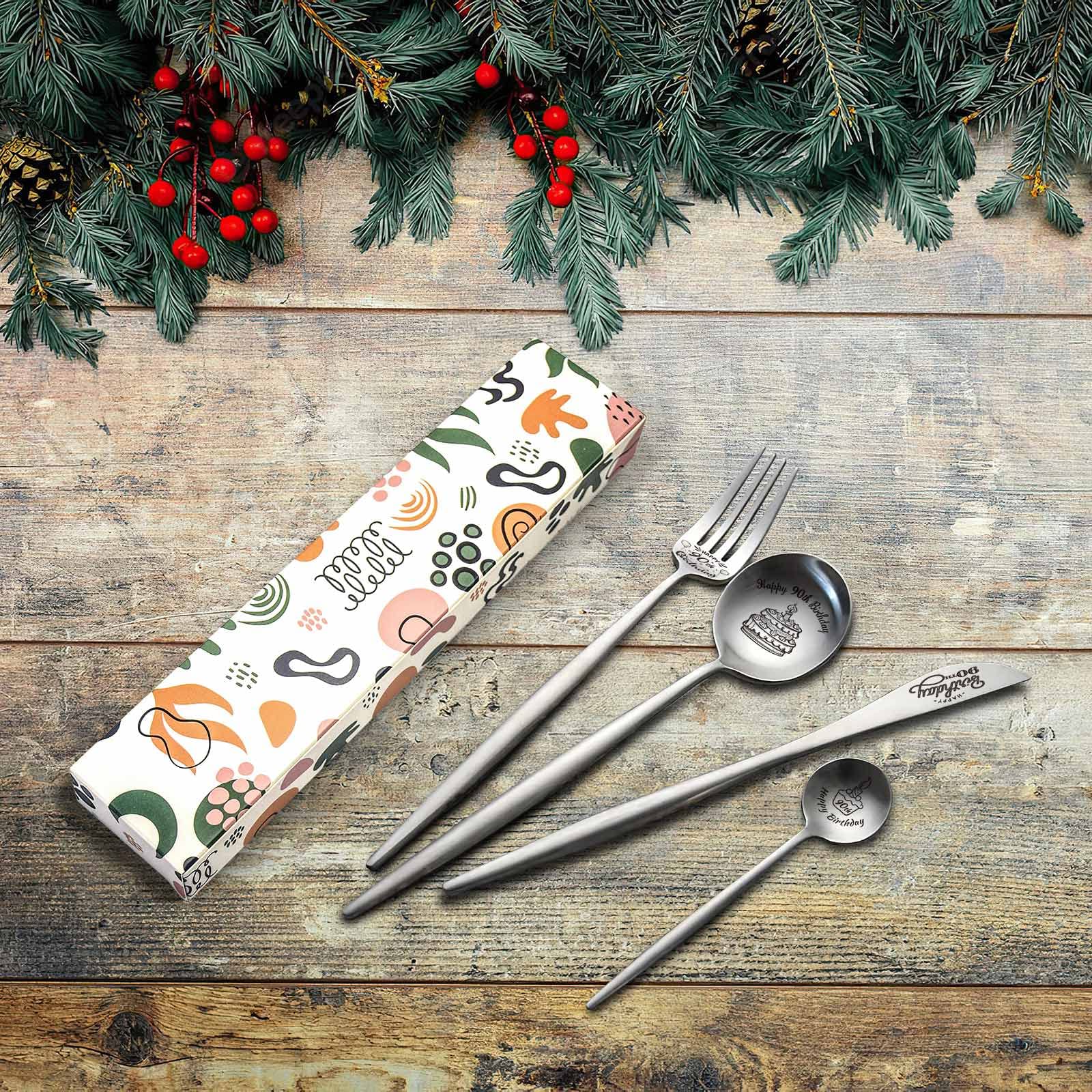 Happy 90Th Birthday Spoon&Fork Gifts Engraved Cutlery Set Personalized Birthday Gifts For Grandpa Grandma Father Mother Sister B