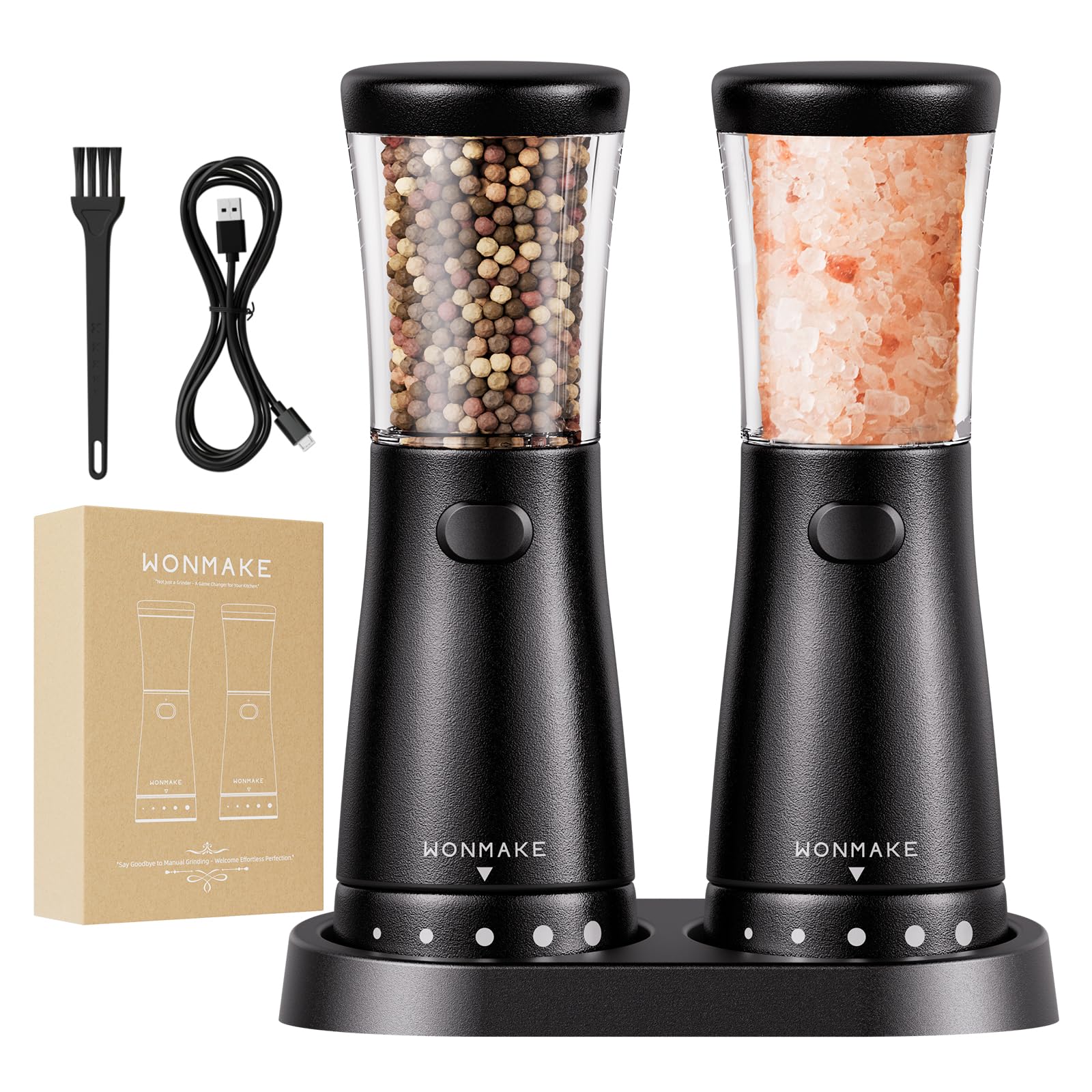 Electric Salt and Pepper Grinder Set with 4.5oz Large Capacity, Stainless Steel Rechargeable Salt and Pepper Grinder with 1.8 Wi