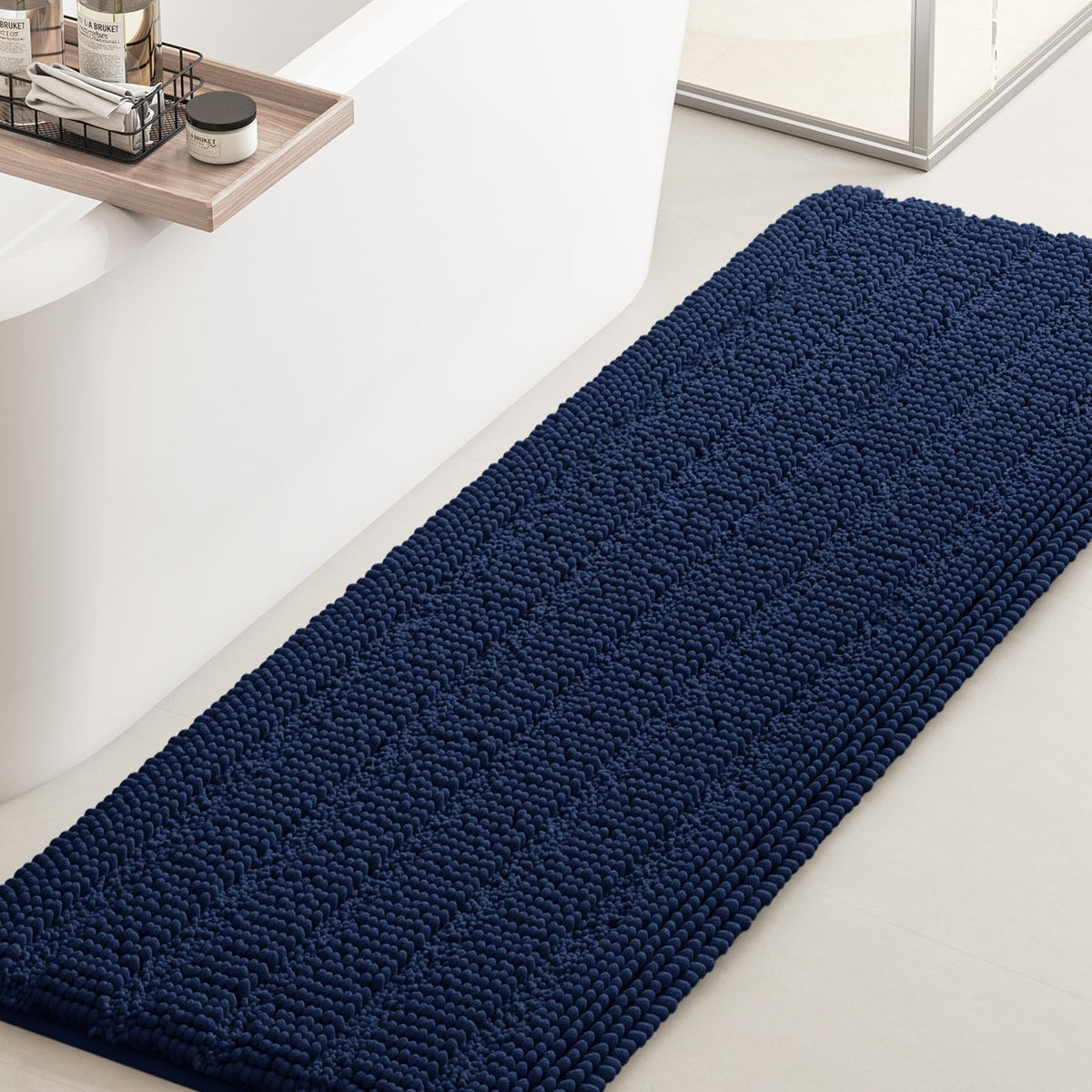 Accumtek Striped Navy Blue Bathroom Rug Mat 59X24 Ultra Soft, Non Slip Chenille Bath Rugs, Absorbent Plush Shaggy Bath Mats