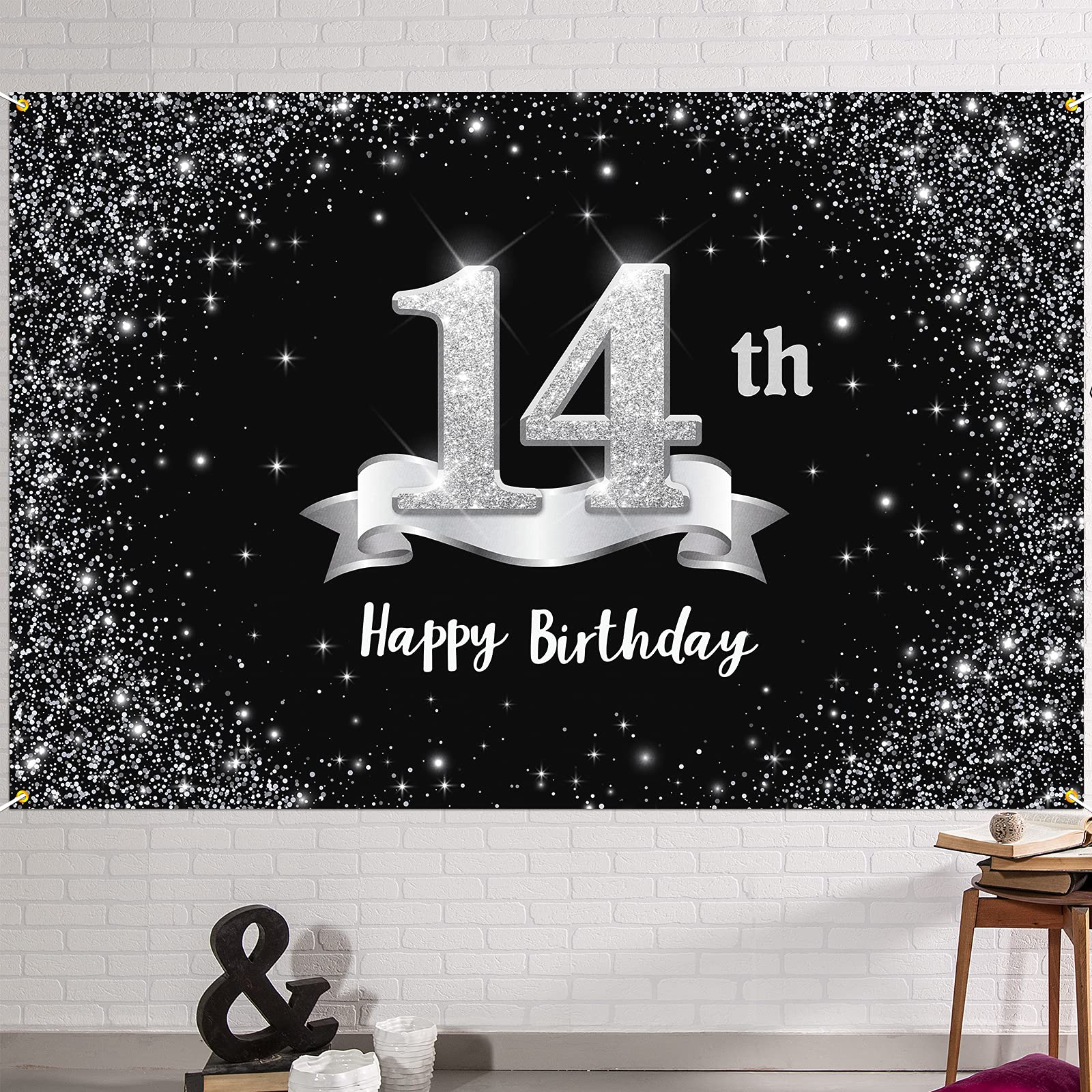 Hamigar 6X4Ft Happy 14Th Birthday Banner Backdrop - 14 Years Old Birthday Decorations Party Supplies For Girls Boys - Black Silv