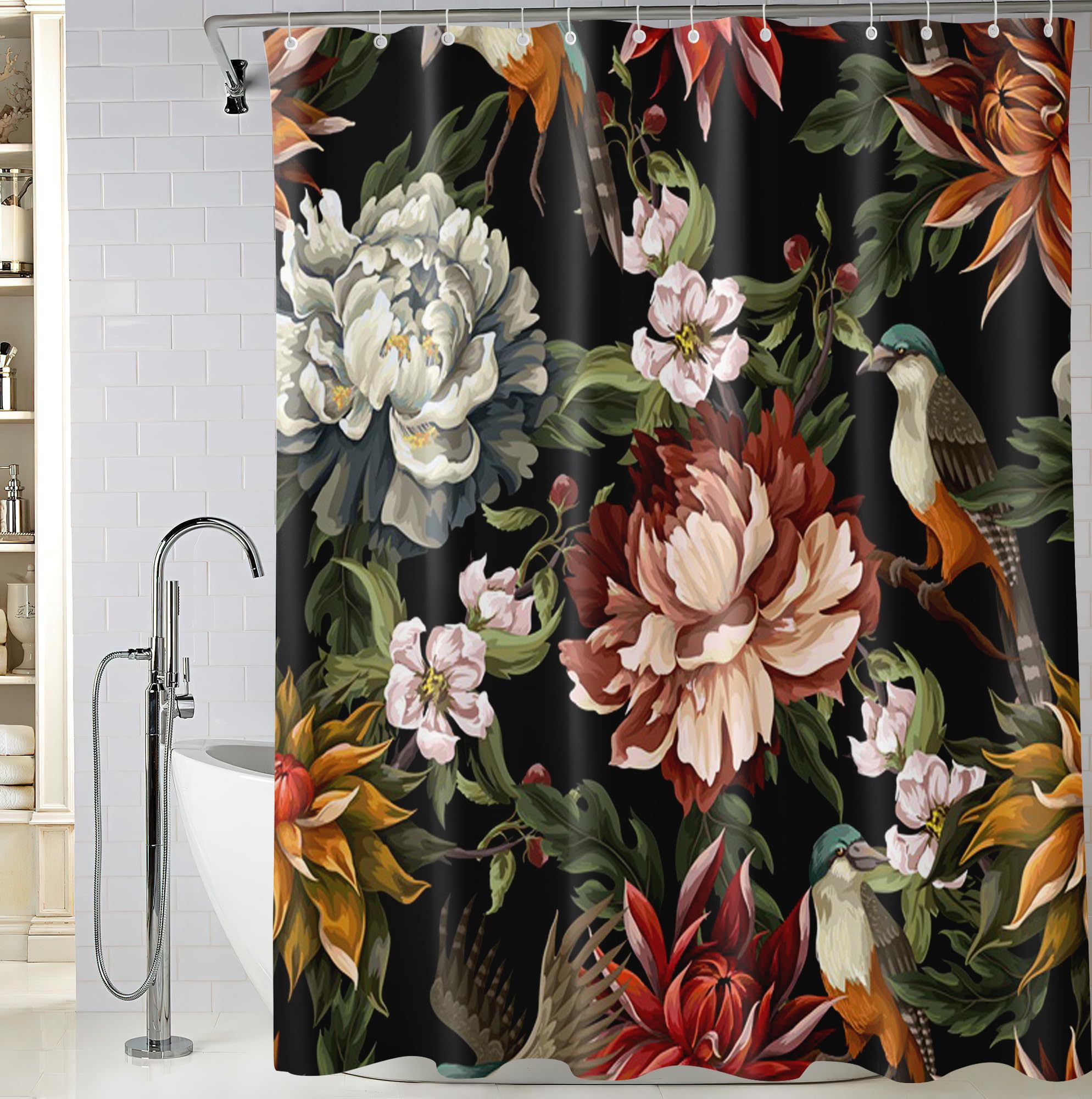 Bivinar Vintage Peonies Roses And Birds Shower Curtain, Waterproof Fabric Black Floral Bathroom Shower Curtain With 12 Hooks, 72