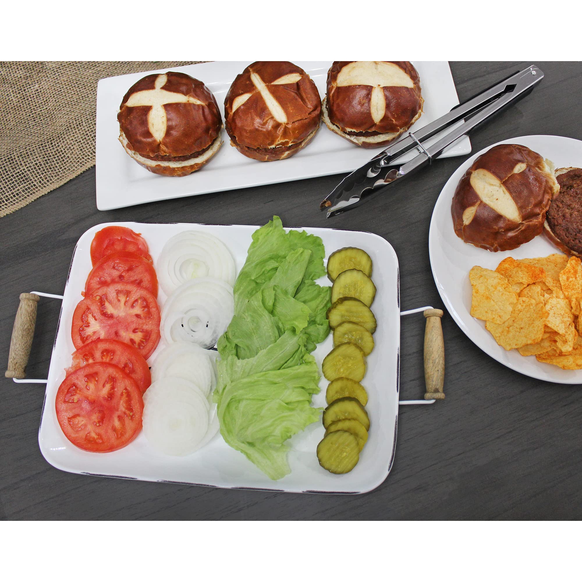Auldhome Enamelware Bon Appetit Tray (White); Distressed Farmhouse Style Metal Decorative Serving Platter