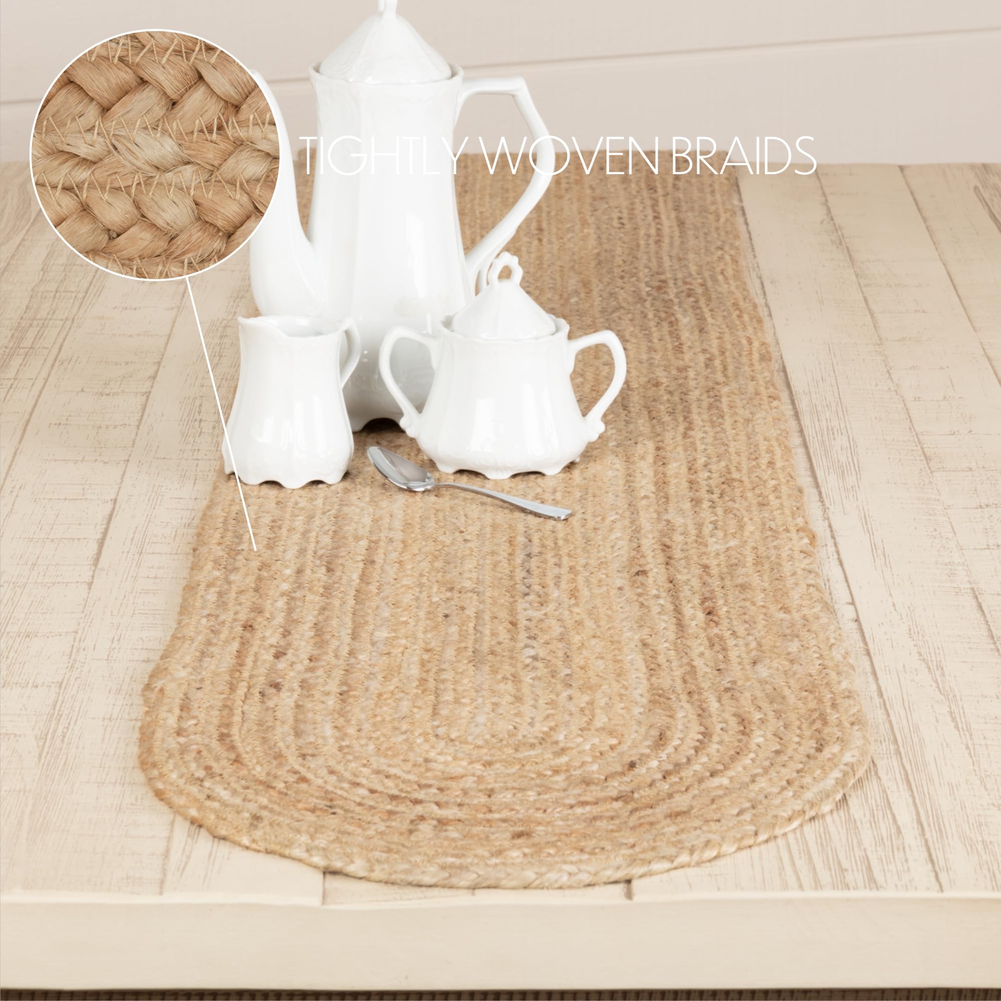 Vhc Brands Farmhouse Coastal Braided Woven Natural Jute Table Runner For Kitchen Tabletop Dining Room Table Hot Pad Mat, Gift Id