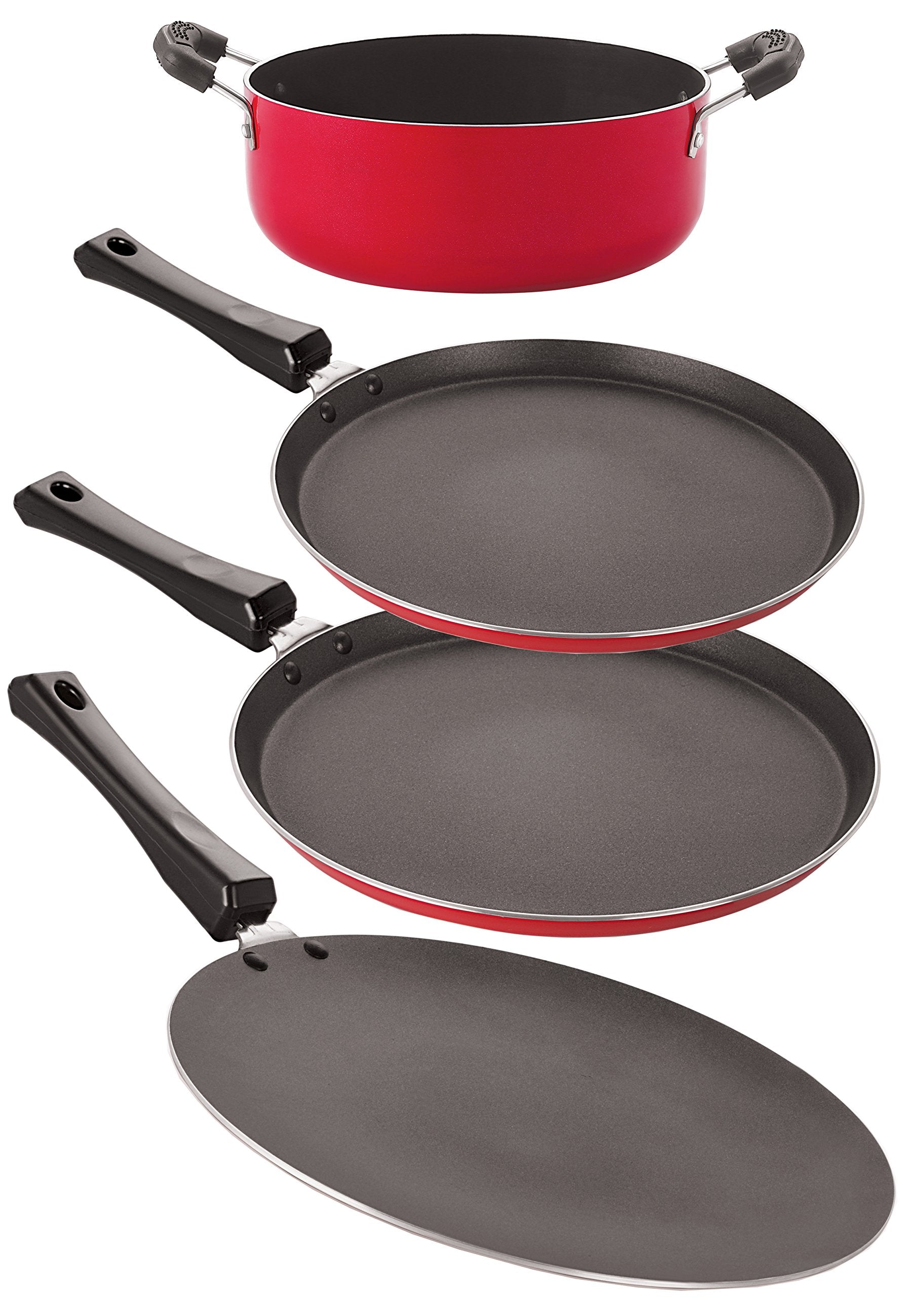 Nirlon NonStick Aluminum Cookware Set, 4Piece, Red And Black (26_Ct_Ft12_Ft11_Cass20)