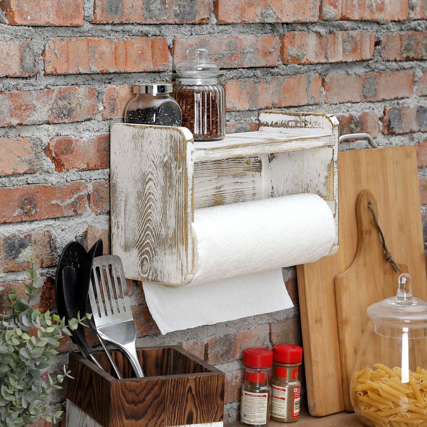 Mygift Paper Towel Roll Holder, Shabby Whitewashed Wood Farmhouse Wall Mounted Kitchen Napkin Dispenser Rack With Top Storage Sh