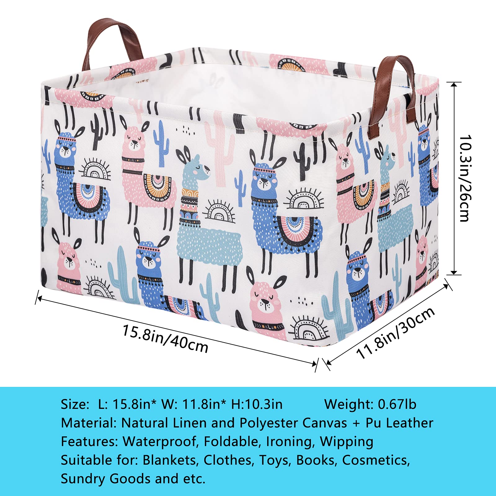 Llama Storage Bin Basket Collapsible with Leather Handles Waterproof Canvas Storage Cube Box for Closet Toys Clothes Nursery Room Gift Basket