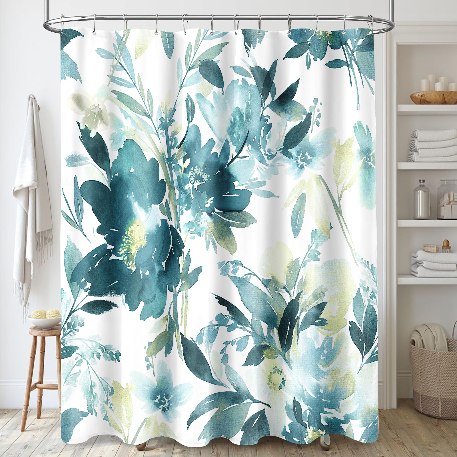 Mayzus Teal Blue Shower Curtain 60X72, Watercolor Black Floral Shower Curtain For Bathroom, Modern Abstract Flower Decorative Fa