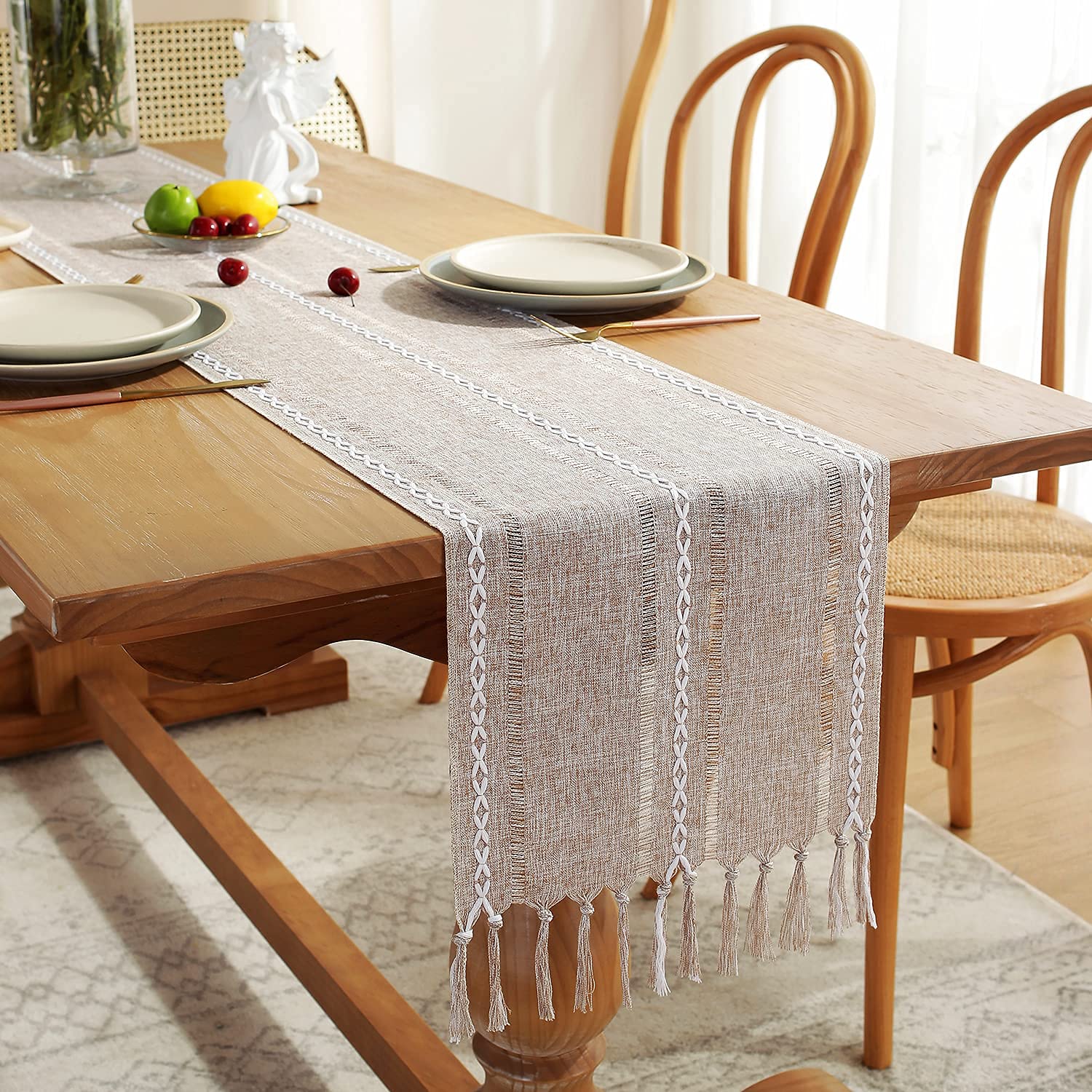 Chassic Fall Rustic Farmhouse Style Linen Table Runner, Boho Handmade Tassel Table Runners 90 Inches Long For Holiday Party, Tha