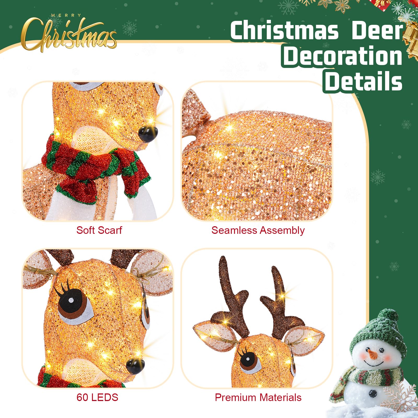 37 Inch Lighted Christmas Deer, 60 LED Pre-lit Lighted Christmas Deer Outdoor Decorations, Plug-in Deer Christmas Decor for Yard