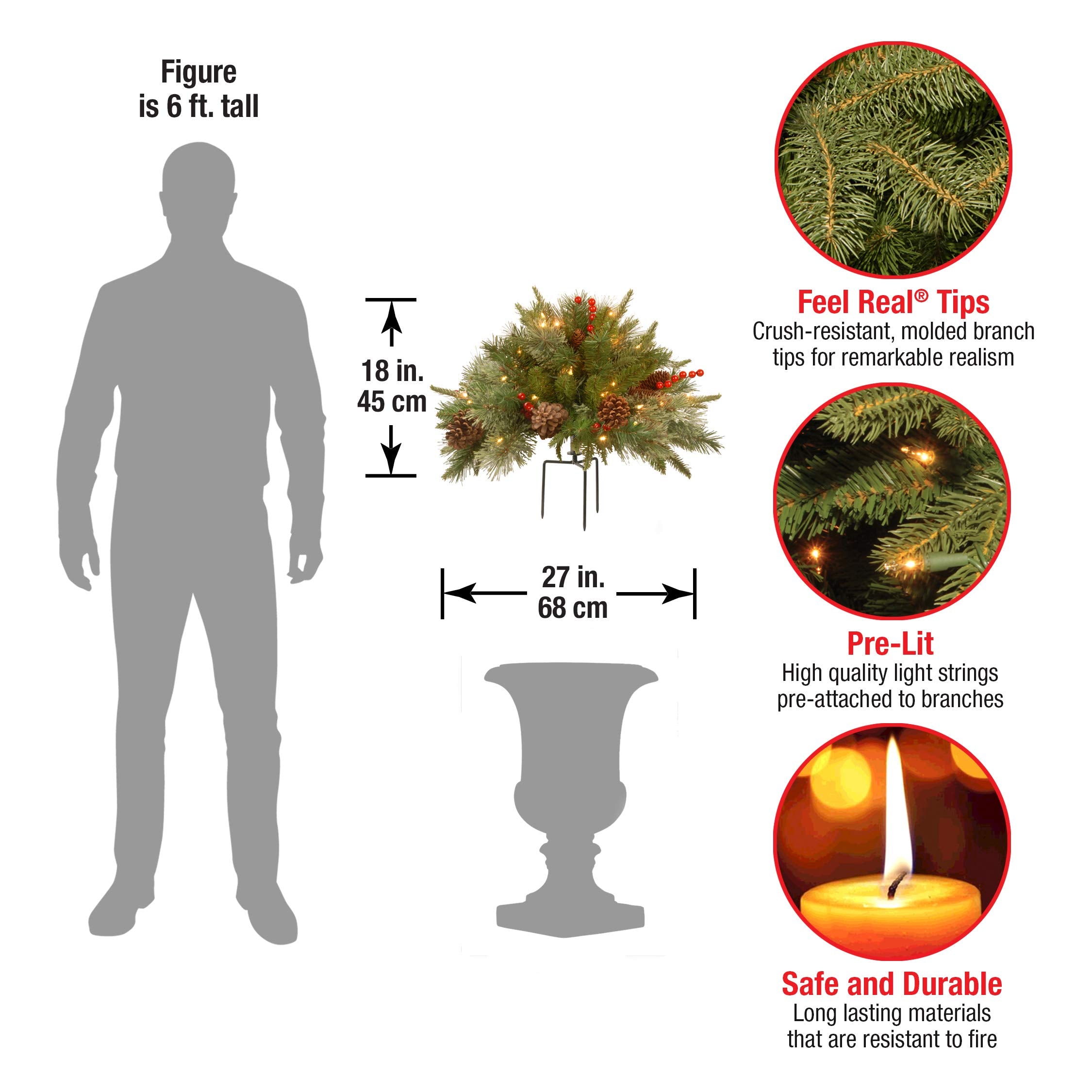 National Tree Company 18 in Pre-Lit Colonial Fir Artificial Christmas Urn Filler, Christmas Decoration with Pinecones, Red Berri