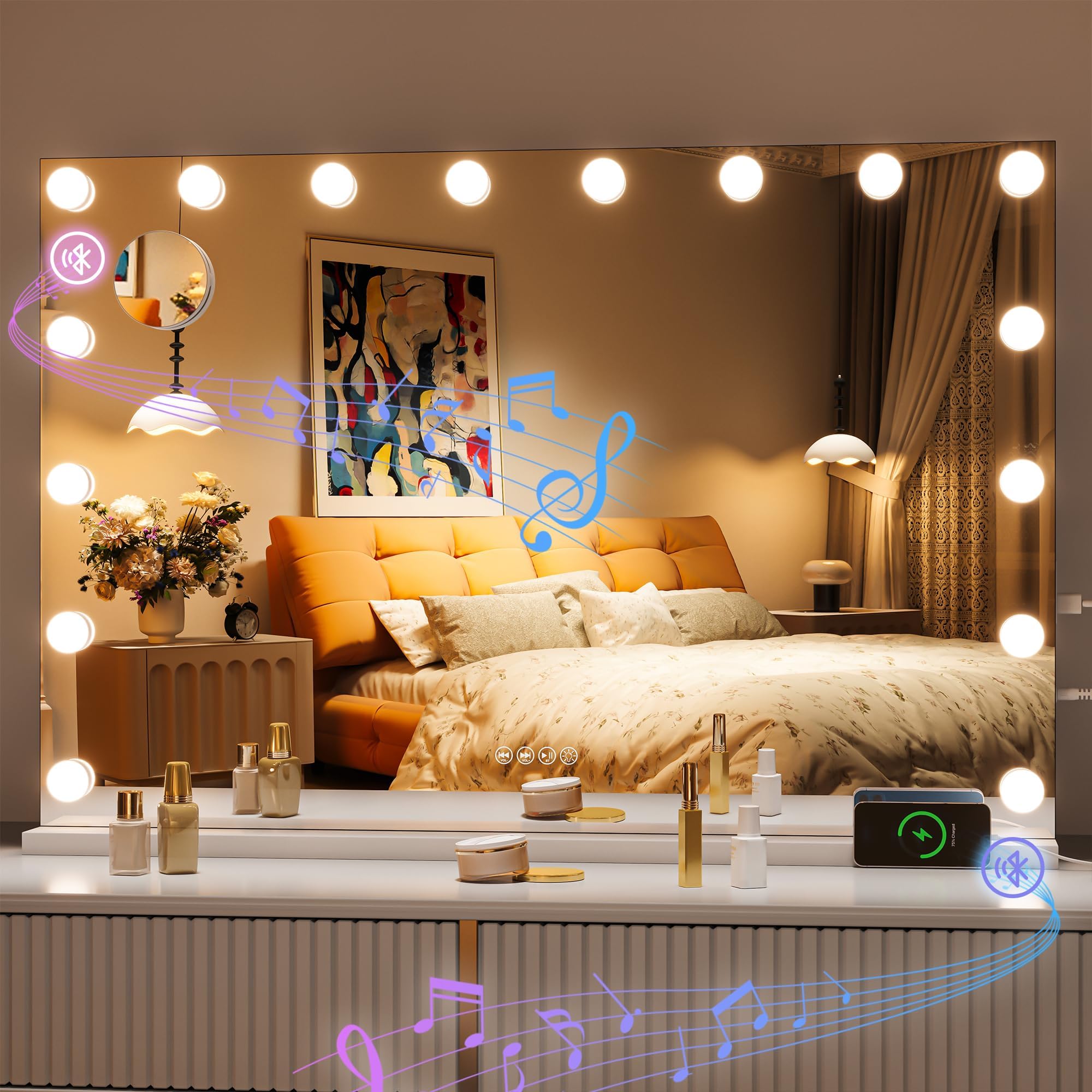 Hasipu Hollywood Vanity Mirror With Lights And Bluetooth Speaker, 35'' X 24'' Makeup Mirror With 16 Dimmable Led Bulbs 3 Color M