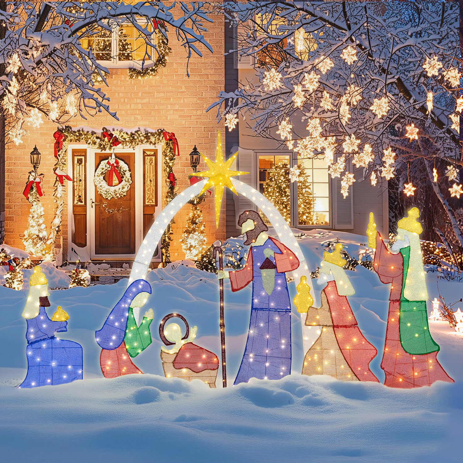 Meilocar 6 FT Christmas Outdoor Nativity Scene Set, 7pcs Weatherproof Holy Family Outdoor Decorations Nativity Set for Christmas