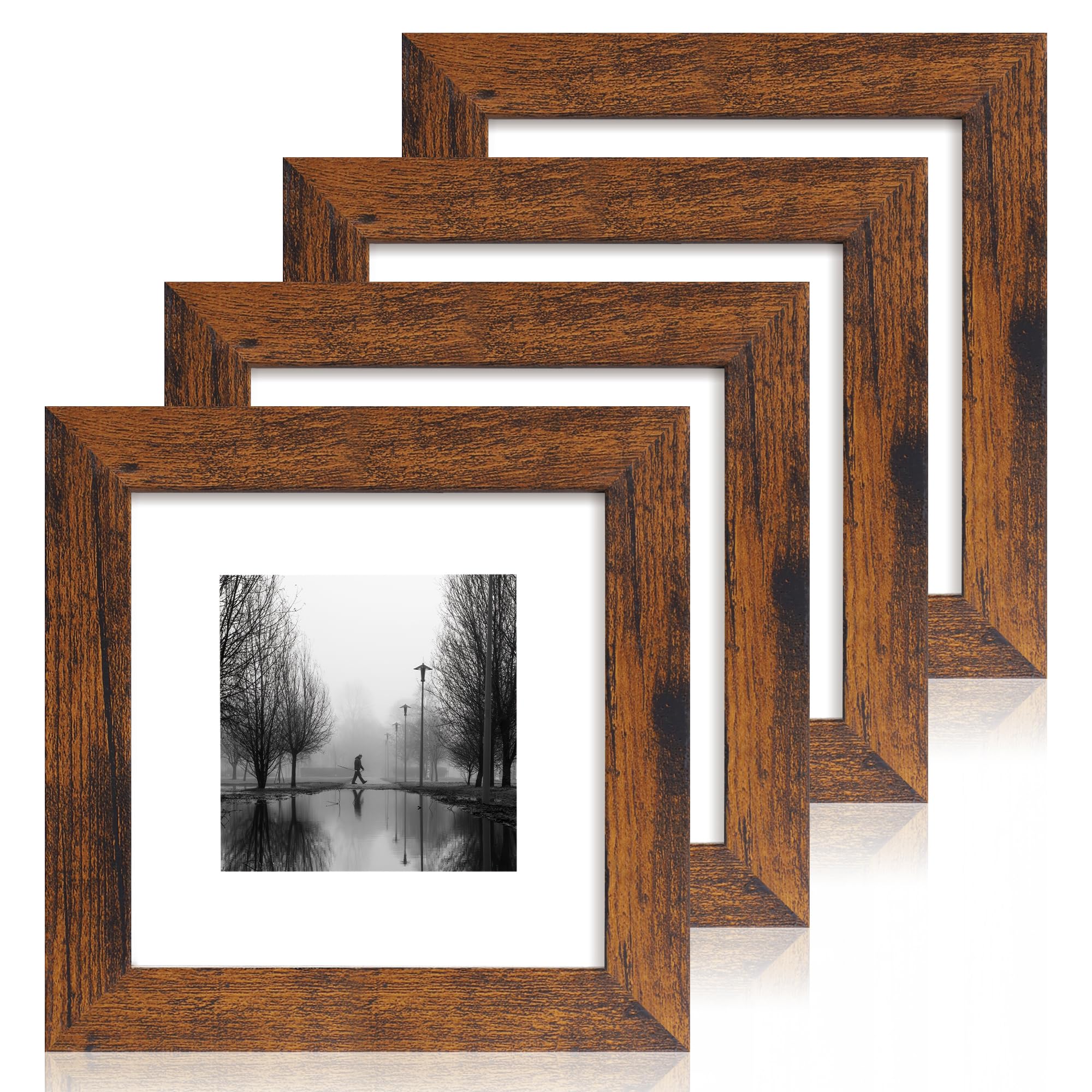 iRahmen 6x6 Picture Frame Set of 4 with Real Glass, Rustic Frames Display 4x4 Picture with Mat or 6 x 6 Without Mat, Square Phot
