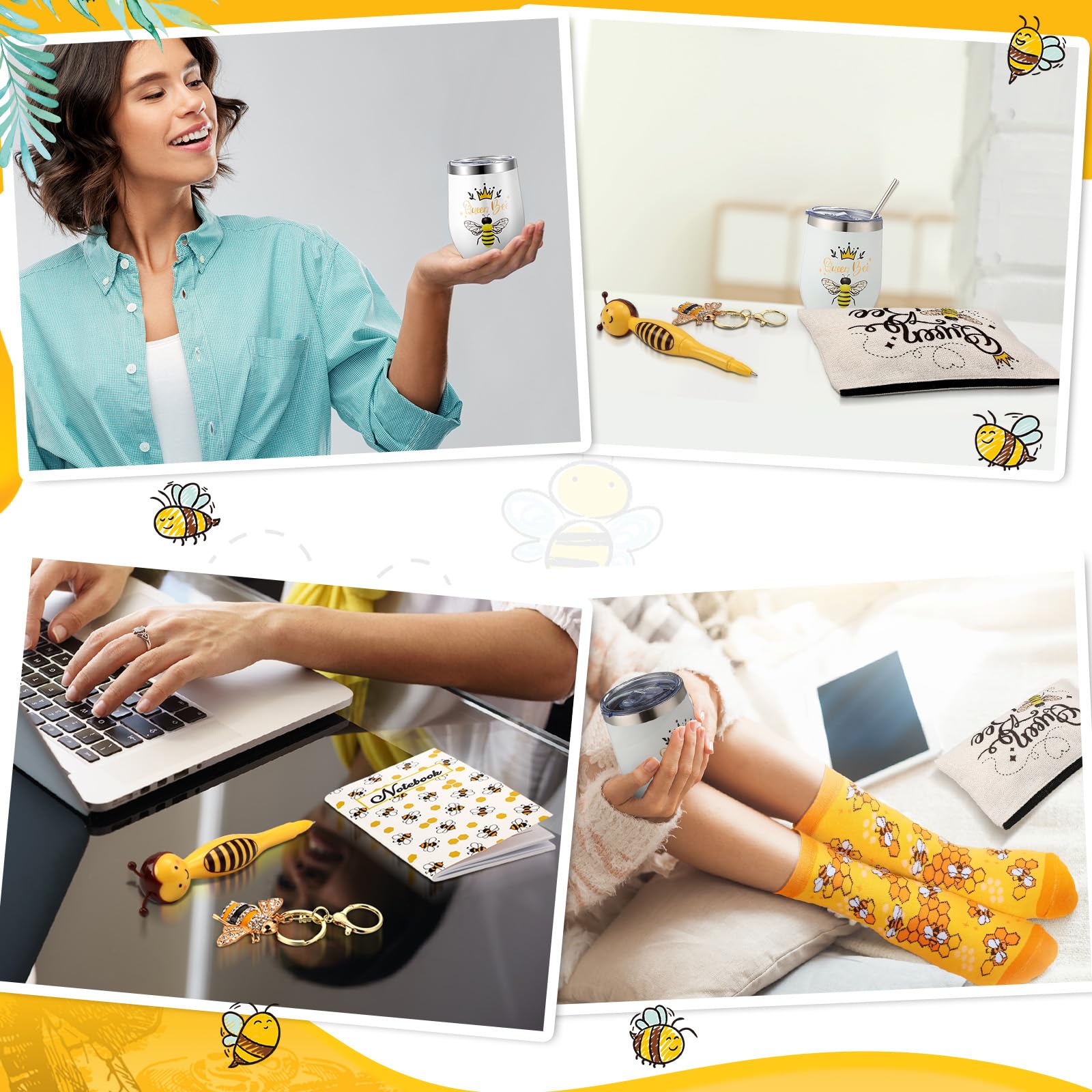 Panitay 6 Pcs Bee Themed Gifts Set For Women Bee Socks Bee Stainless Steel Tumbler 12 Ounce With Straw And Brush Bee Cosmetic Ba