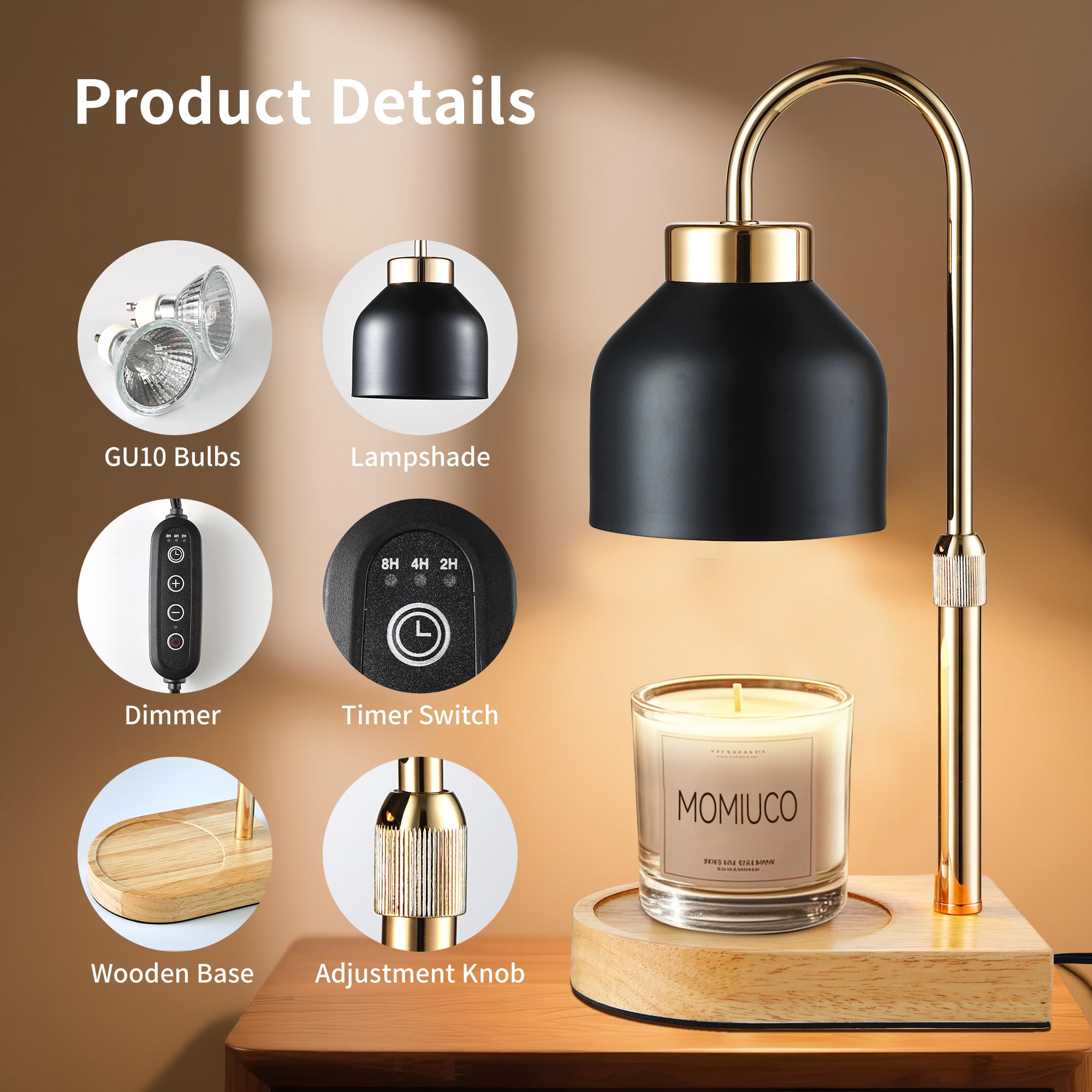 MOMIUCO Candle Warmer Lamp with Timer Dimmer, Adjustable Height, Black, 4.9 inches, Metal, Model MOMIUCO-CL1