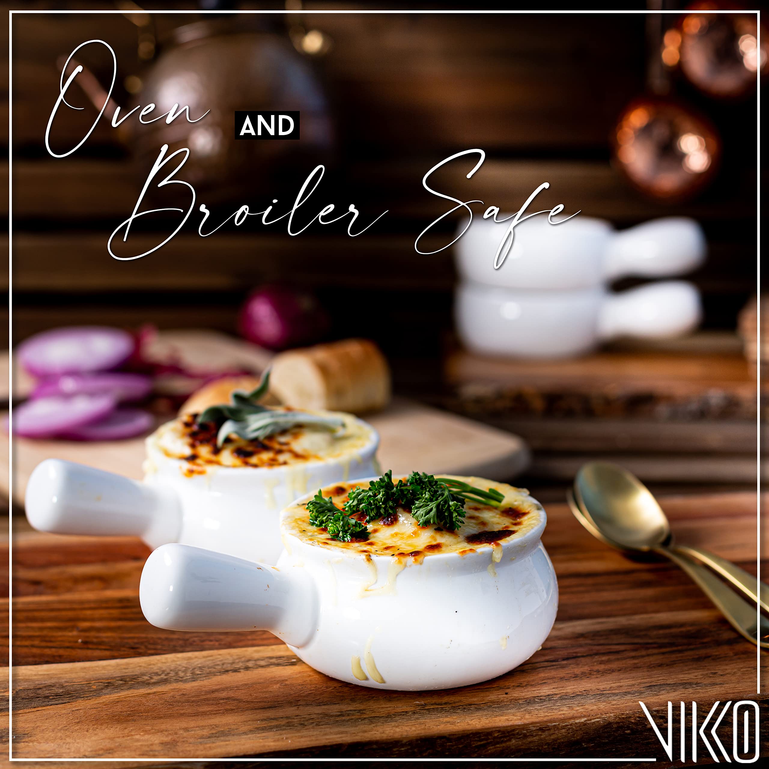 Vikko Soup Bowls, Set Of 4 Soup Bowls With Handles, 10 Ounce,Microwave Safe, French Onion Soup Crocks Oven Safe, Porcelain Soup