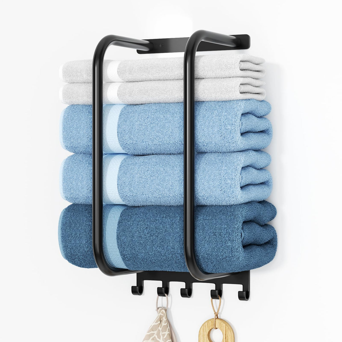Towel Rack Bathroom Wall Holder: Black Shower Organizer Wall Mounted For Rolled Towel Storage 15.9 In