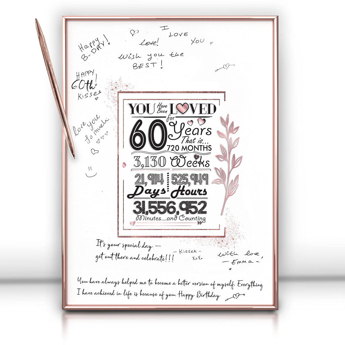 Framed Rose Gold 60Th Birthday Decorations Sign Poster For Girl - 60 Birthday Gift 12''X16'' Guest Party Favors Book Alternative