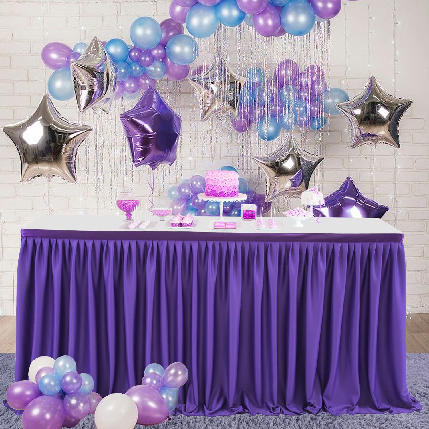 Leegleri 14 Ft Purple Polyester Pleated Table Skirt For Rectangle Table,Ruffle Tutu Table Cloth For Baby Shower Wedding,Birthday