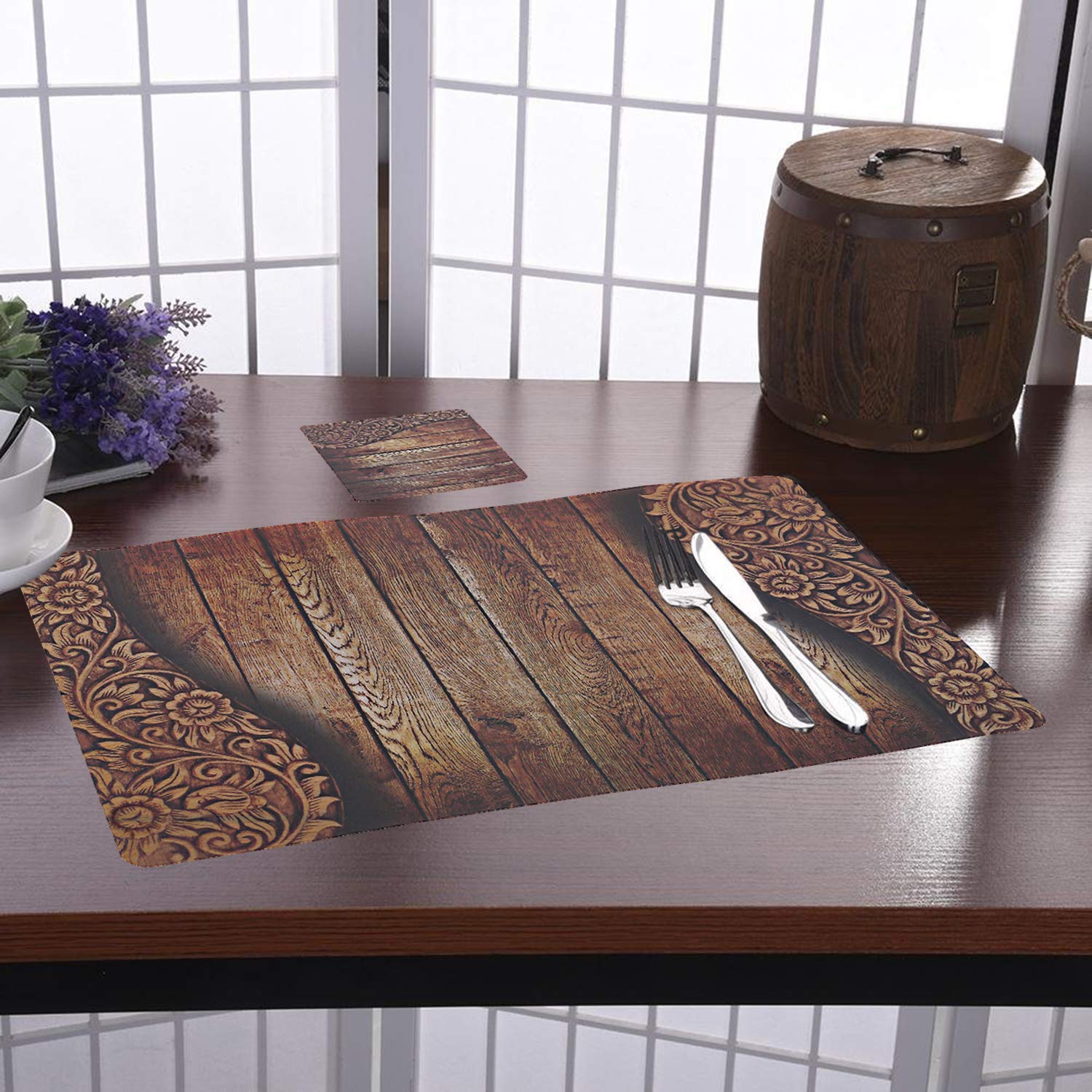 Kuber Industries Wooden Design Pvc 6 Piece Dining Table Placemat Set With Tea Coasters - Brown