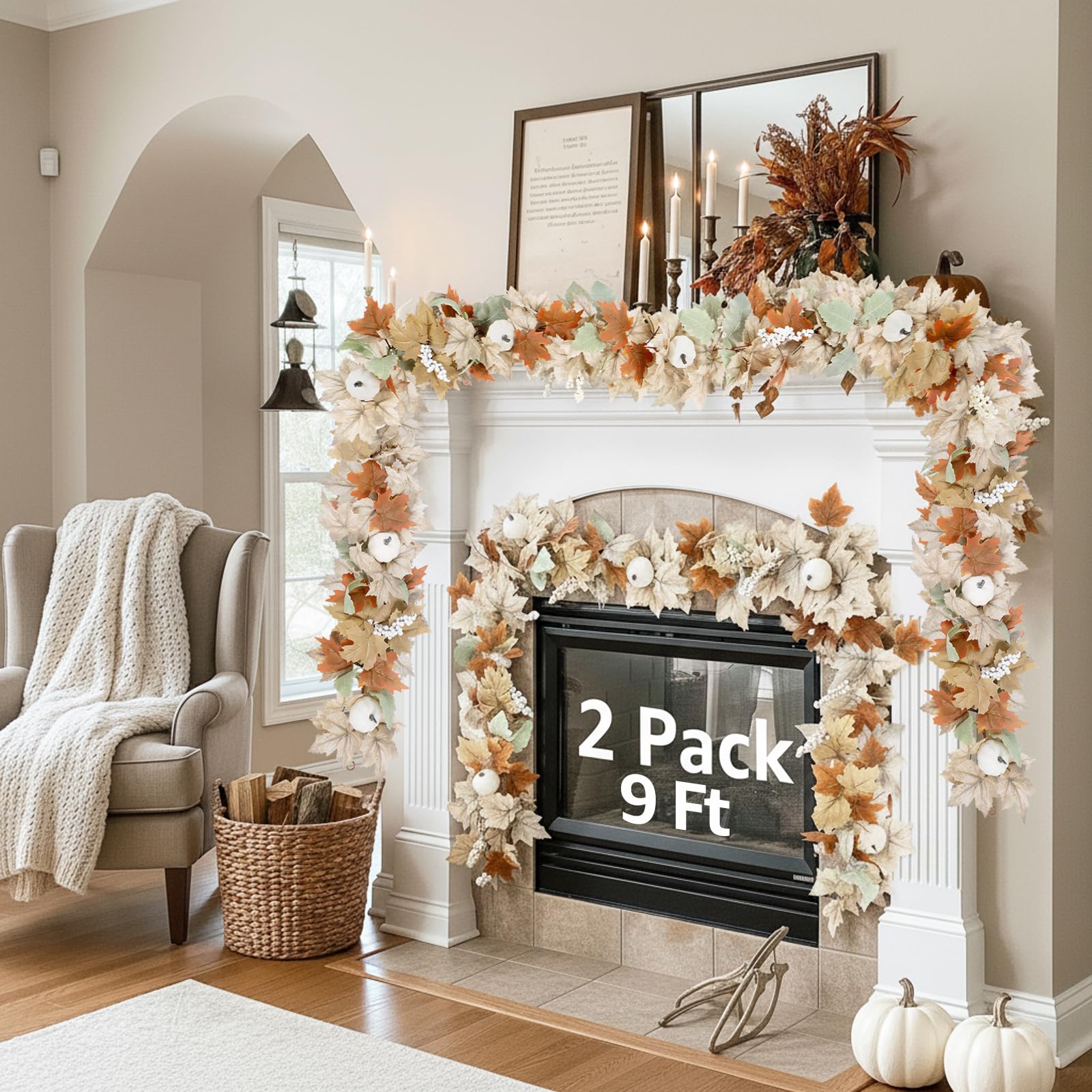 Neutral Fall Garland for Mantle Fireplace - 2 Pack Toatal 18Ft Outdoor Autumn Leaves Decor for Home Front Door with Pumpkins Ind