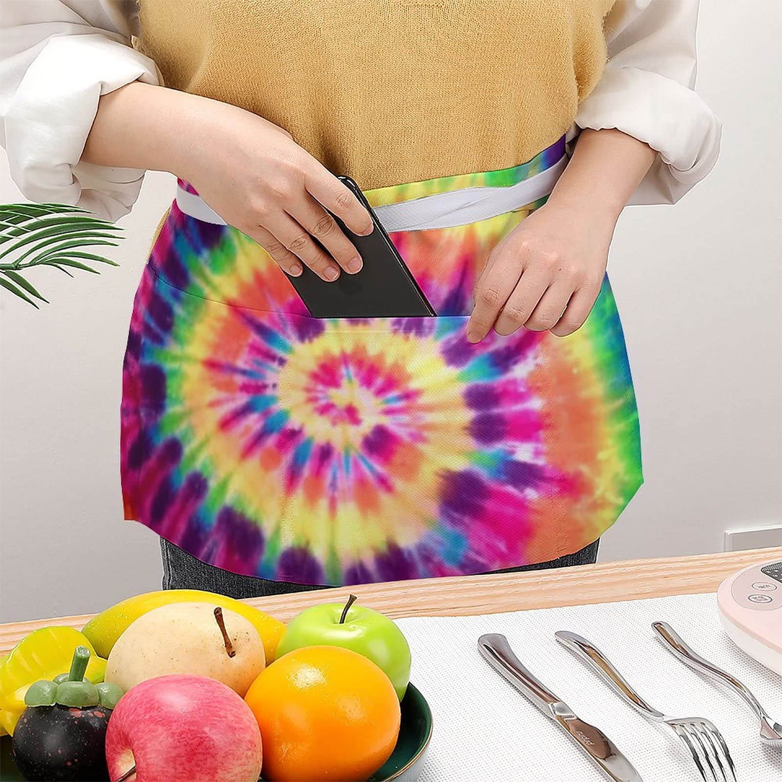 Tie Dye Half Waist Apron With 3 Pockets Adjustable Chef Cooking Serving With Long Strap Aprons For Women Men Kitchen Restaurant
