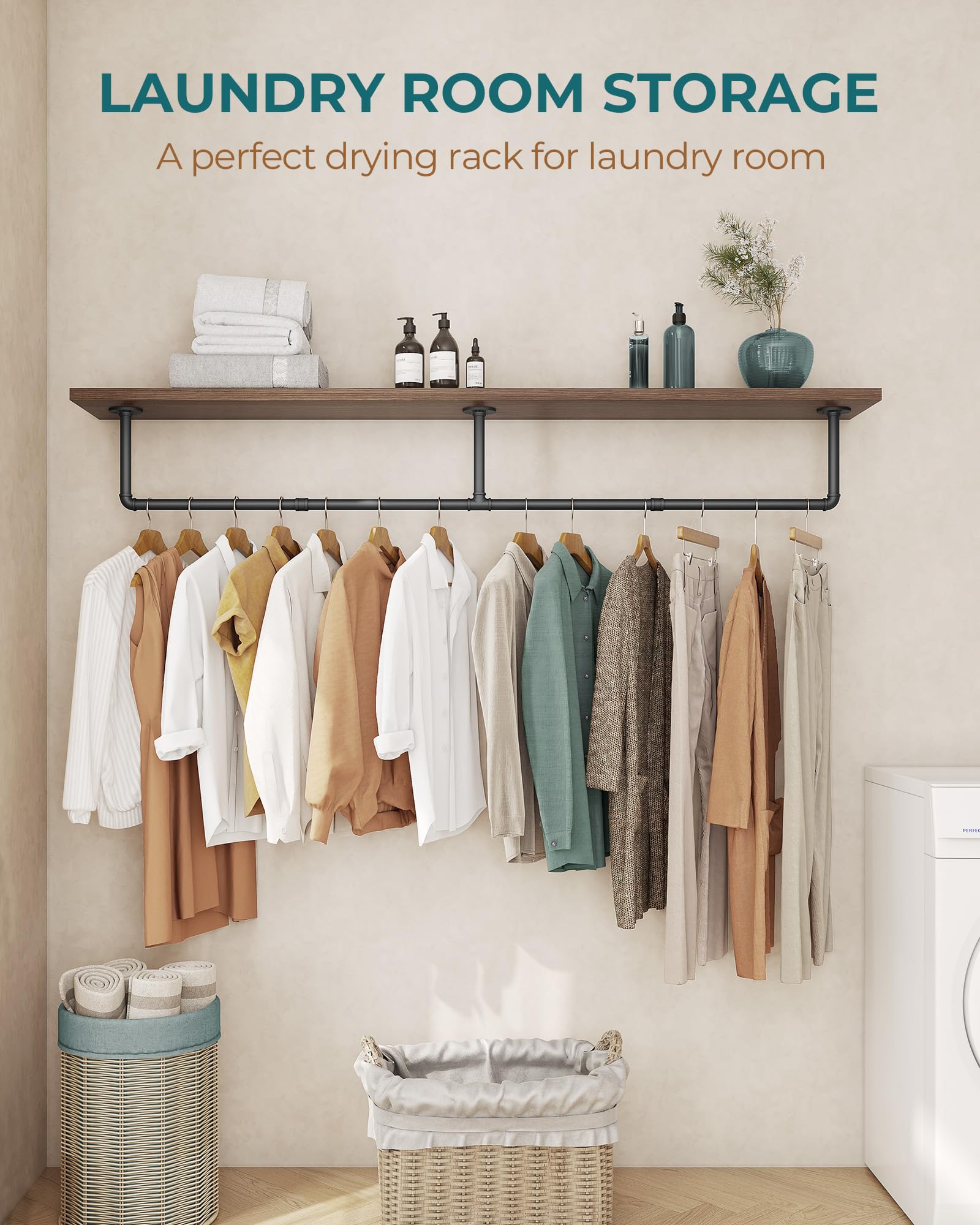 OROPY Clothes Rack  65.7'' Industrial Pipe Clothing Rack for Hanging Clothes  Wall Mounted Heavy Duty Space Saving Garment Rack for Closet Storage  Black  3 Base