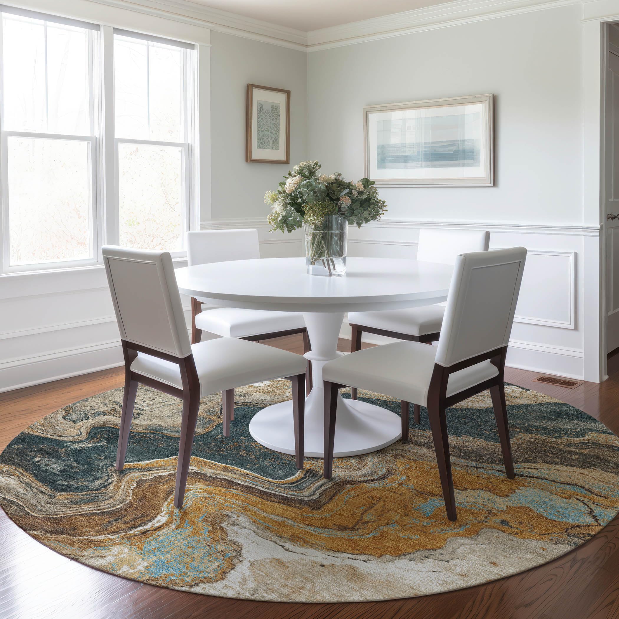 Machine Washable Indoor/Outdoor Chantille Wheat 8 x 8 Round Rug