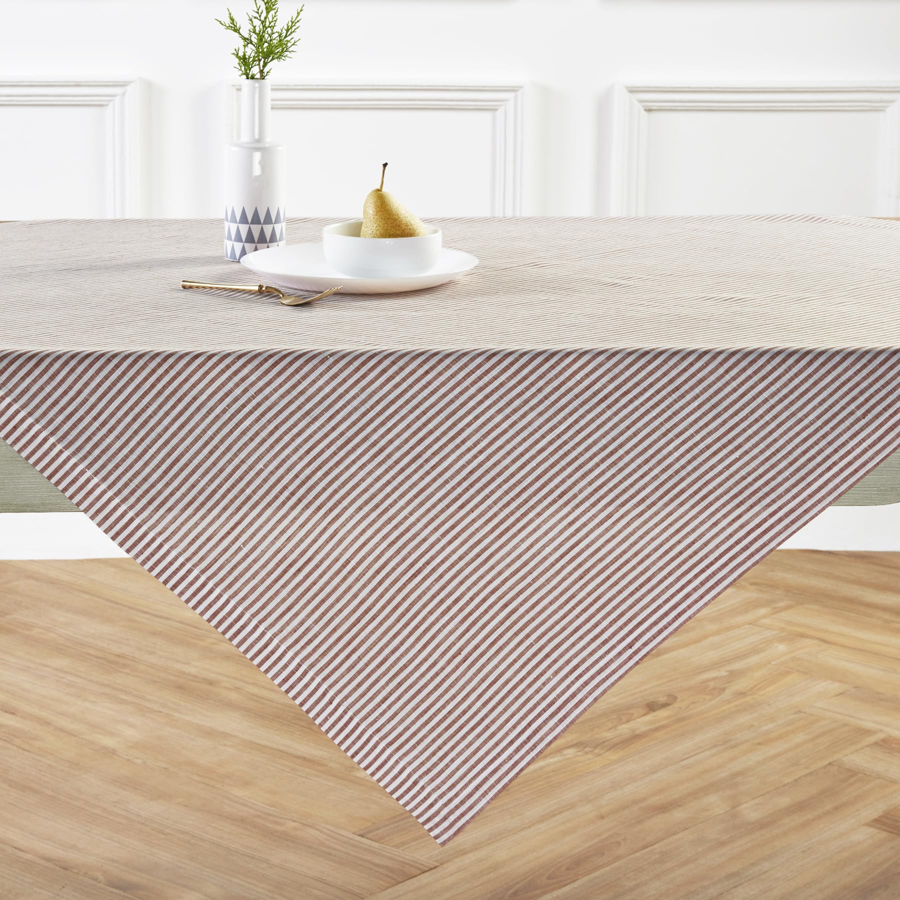 Solino Home Stripe Linen Tablecloth - 100% Pure Linen Cinnamon And White Tablecloth 120'' L X 60'' W For Spring - Handcrafted An