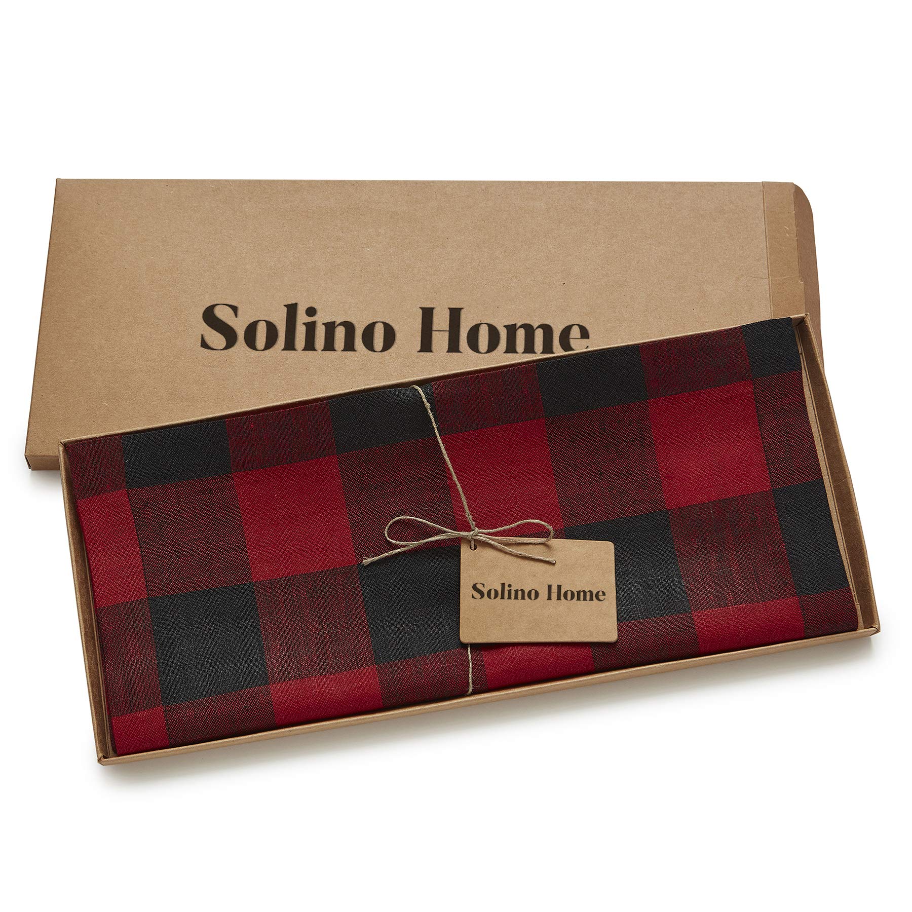 Solino Home Buffalo Check Linen Table Runner 36 Inch - 100% Pure Linen Red And Black Plaid Table Runner 14 X 36 Inch Ideal For D