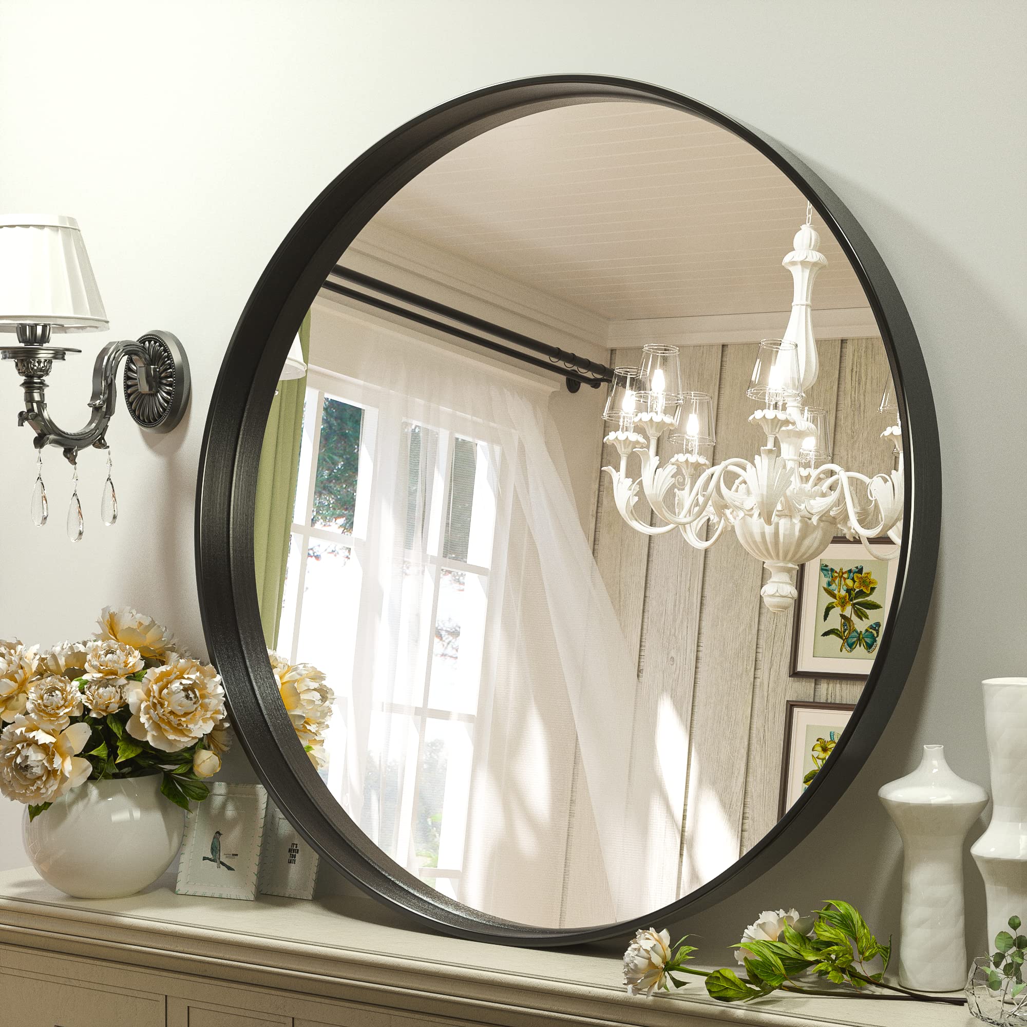 Tetote Black Round Mirror, 36 Inch Matte Metal Framed Circle Bathroom Mirrors, Wall Mounted Modern Decorative Farmhouse Mirror F