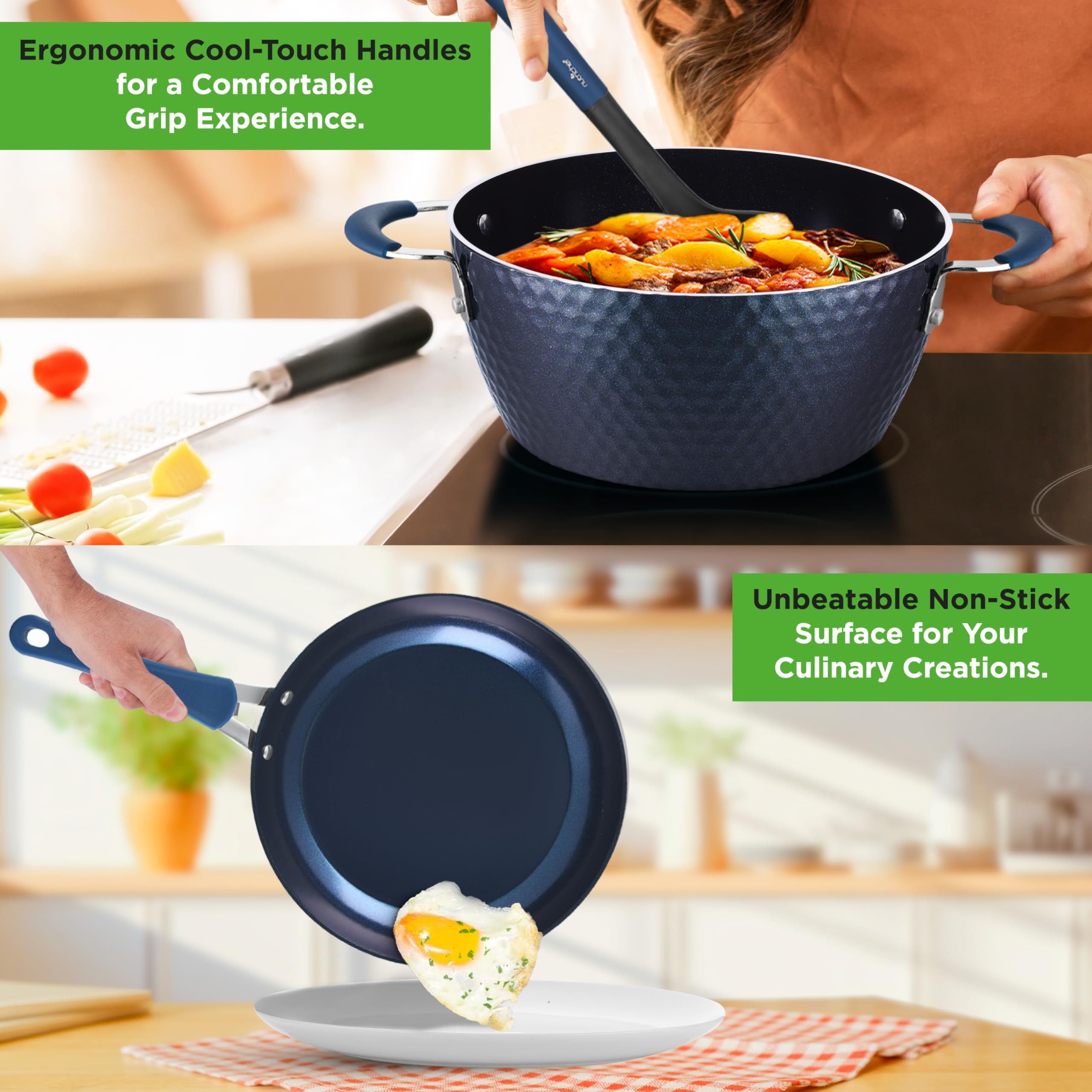 NutriChef 11 Pc Blue Diamond Nonstick Ceramic Cookware Set - Durable Pots, Pans, and Utensils with Cool-Touch Handles
