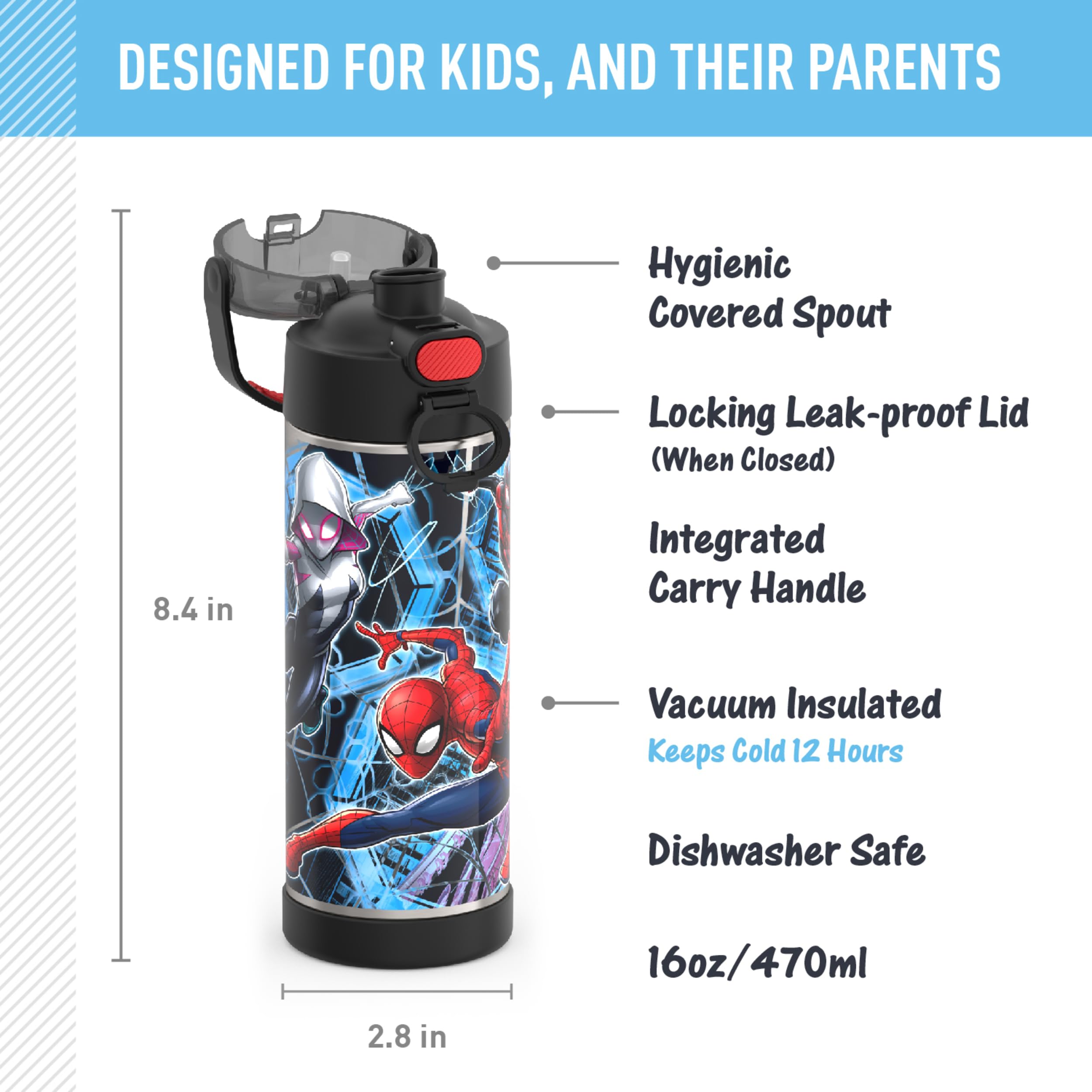 Thermos Funtainer 16 Ounce Stainless Steel Vacuum Insulated Bottle With Wide Spout Lid, Spiderman