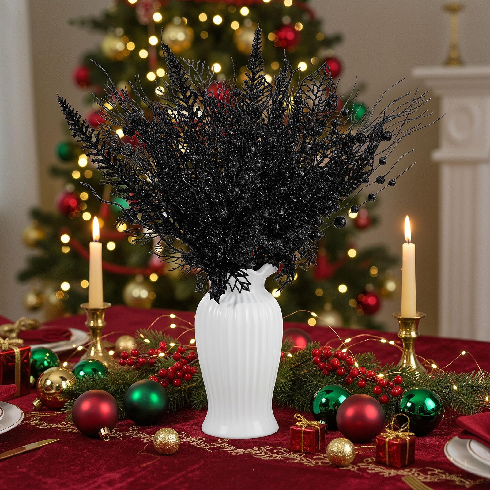 Moucuny 30 Pcs Artificial Christmas Tree Picks and Sprays Glitter Berry Stem Branches Holly Floral Picks Twigs Christmas Tree Or