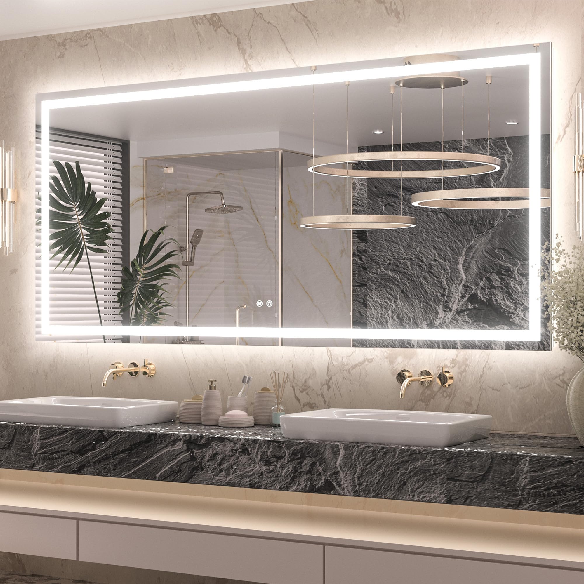 Keonjinn 72     X 36     Lighted Mirror For Bathroom Wall, Led Mirror With Frontlit & Backlit, Large Bathroom Mirror With Lights