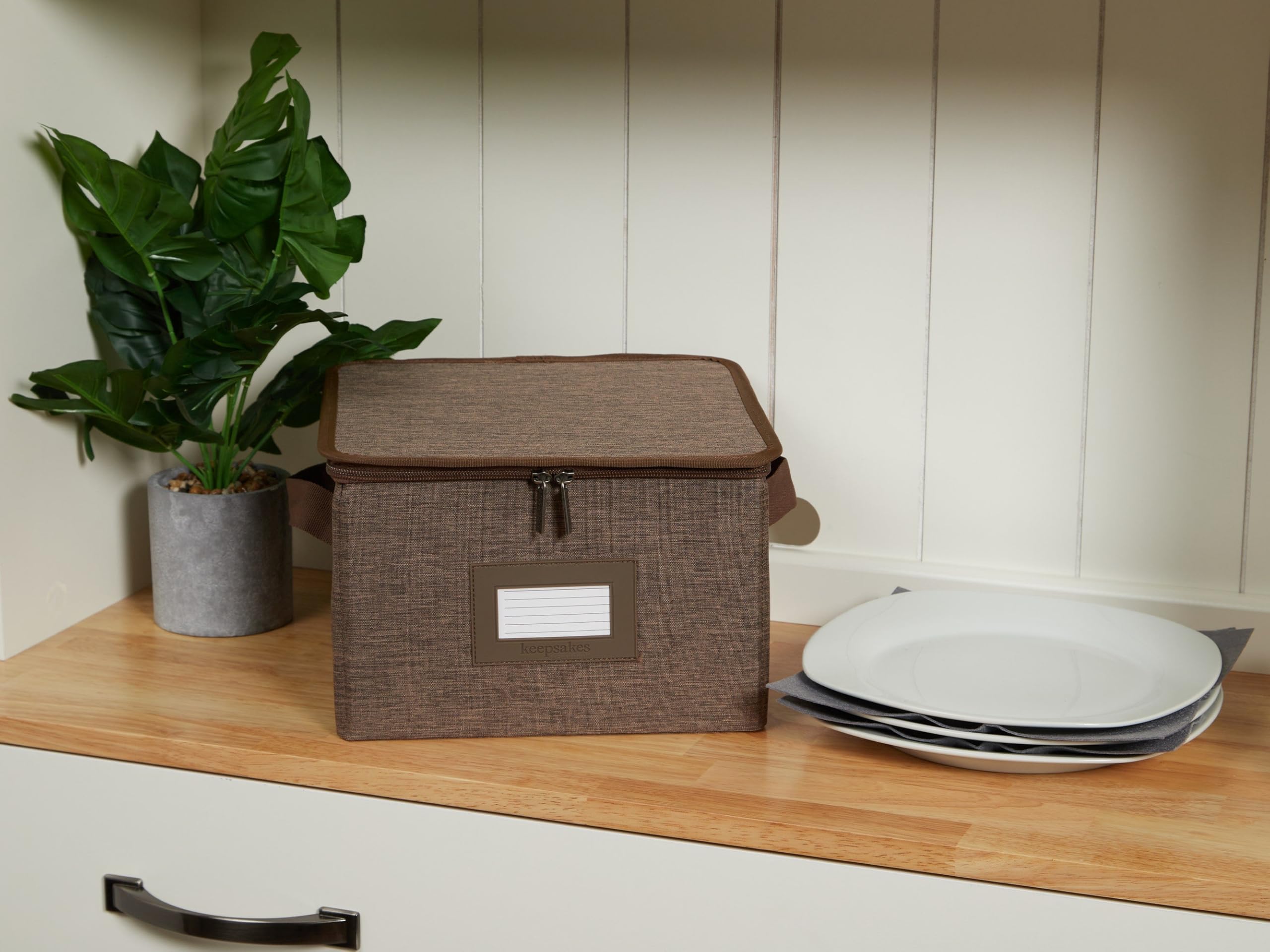 Covermates Keepsakes Dish Storage Box - Stackable, Reinforced Handles, China Storage-Brown Heather