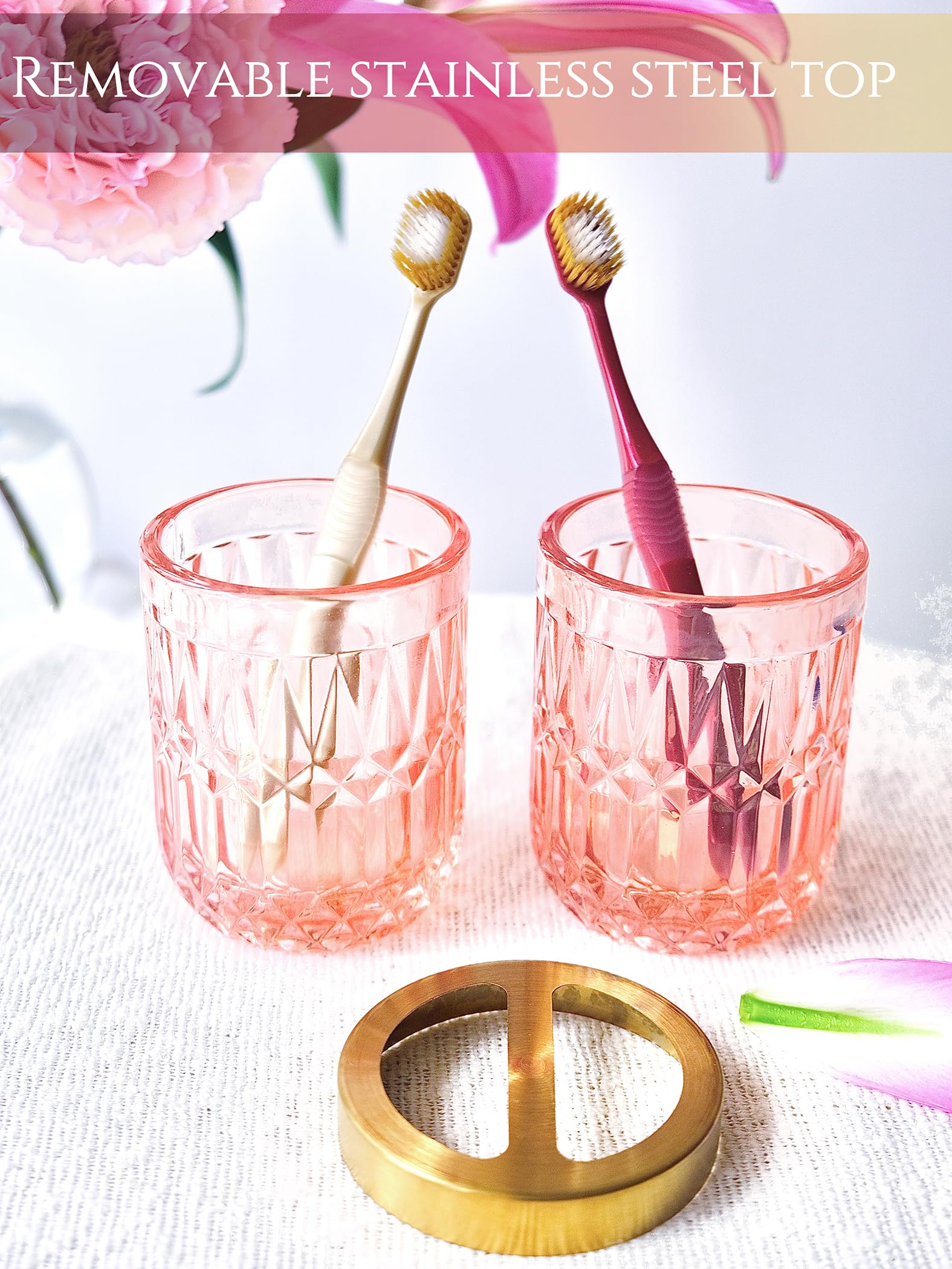 Lamarriti Pink Bathroom Accessories, 5Pcs Glass Bathroom Accessories Set, Soap Dispenser Set, Soap Dish, Tumbler, Cotton Swab Ja