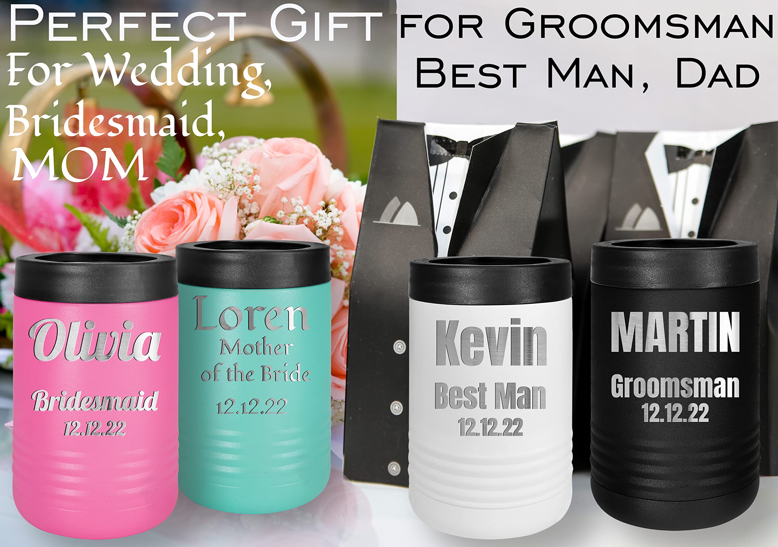 Personalized Stainless Steel Engraved Insulated Beverage Holder Customized Can Cooler With Custom Name Text - Wedding, Birthday,