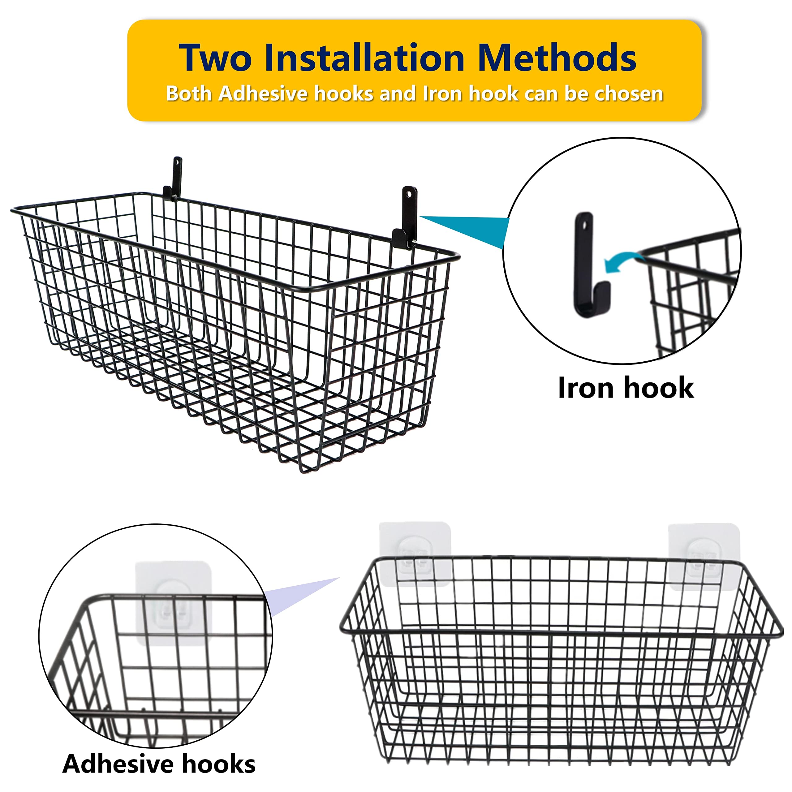 3 Set [Extra Large]Hanging Wall Wire Baskets, Farmhouse Food Storage Kitchen Pantry Laundry Closet Garage Rv,Black
