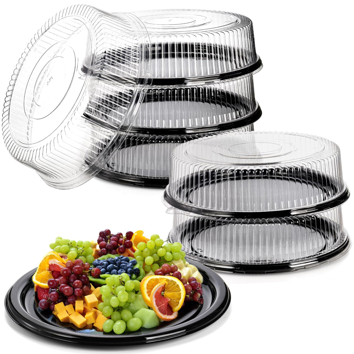 Frcctre 6 Pack 16 Inch Plastic Serving Tray With Clear Lid, Heavy Duty Round Appetizer Serving Trays Catering Tray Party Platter