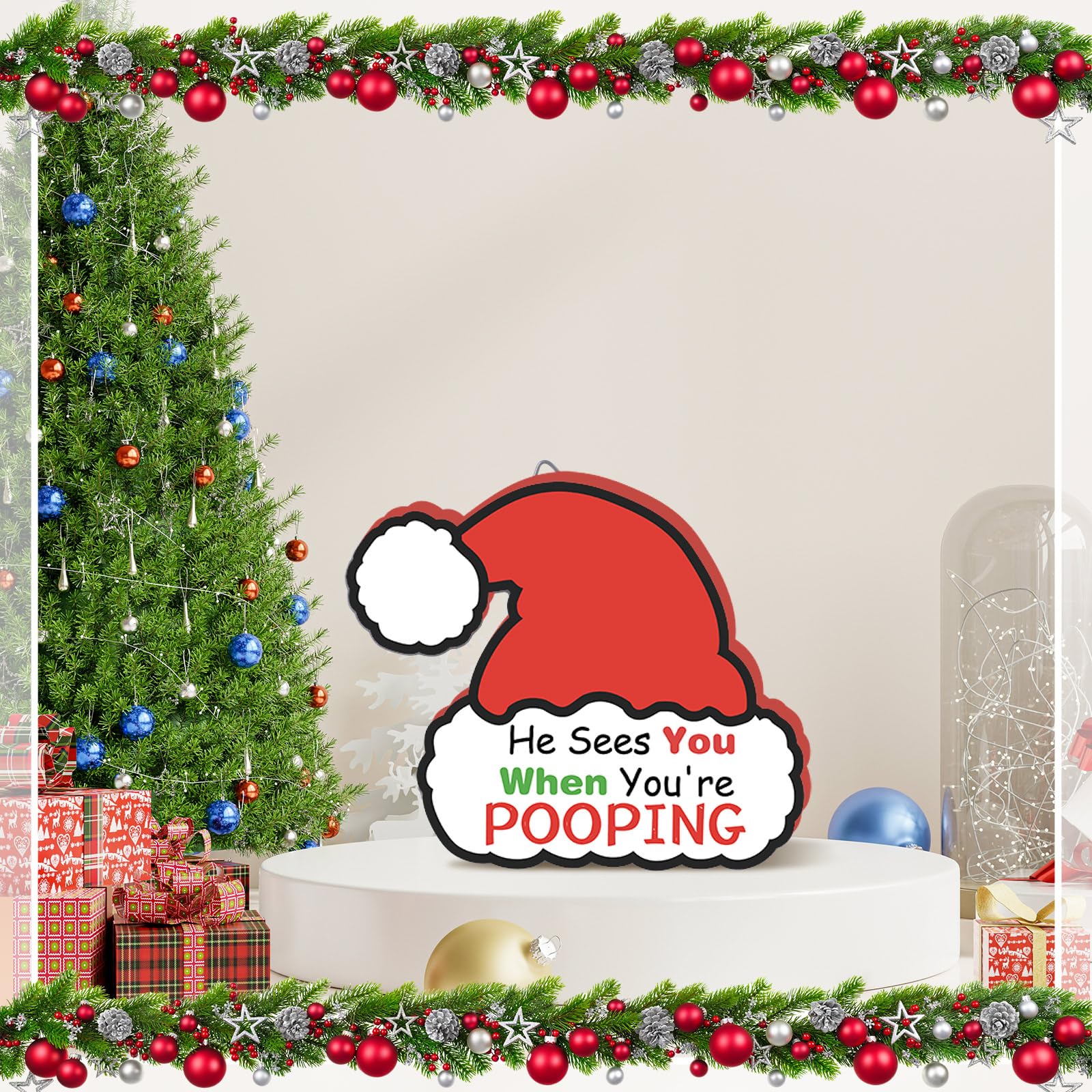 Leinuosen Christmas Bathroom Decorations, Funny Christmas Santa Hat Bathroom Wooden Sign Decor with Hook for Lavatory Xmas Hat O