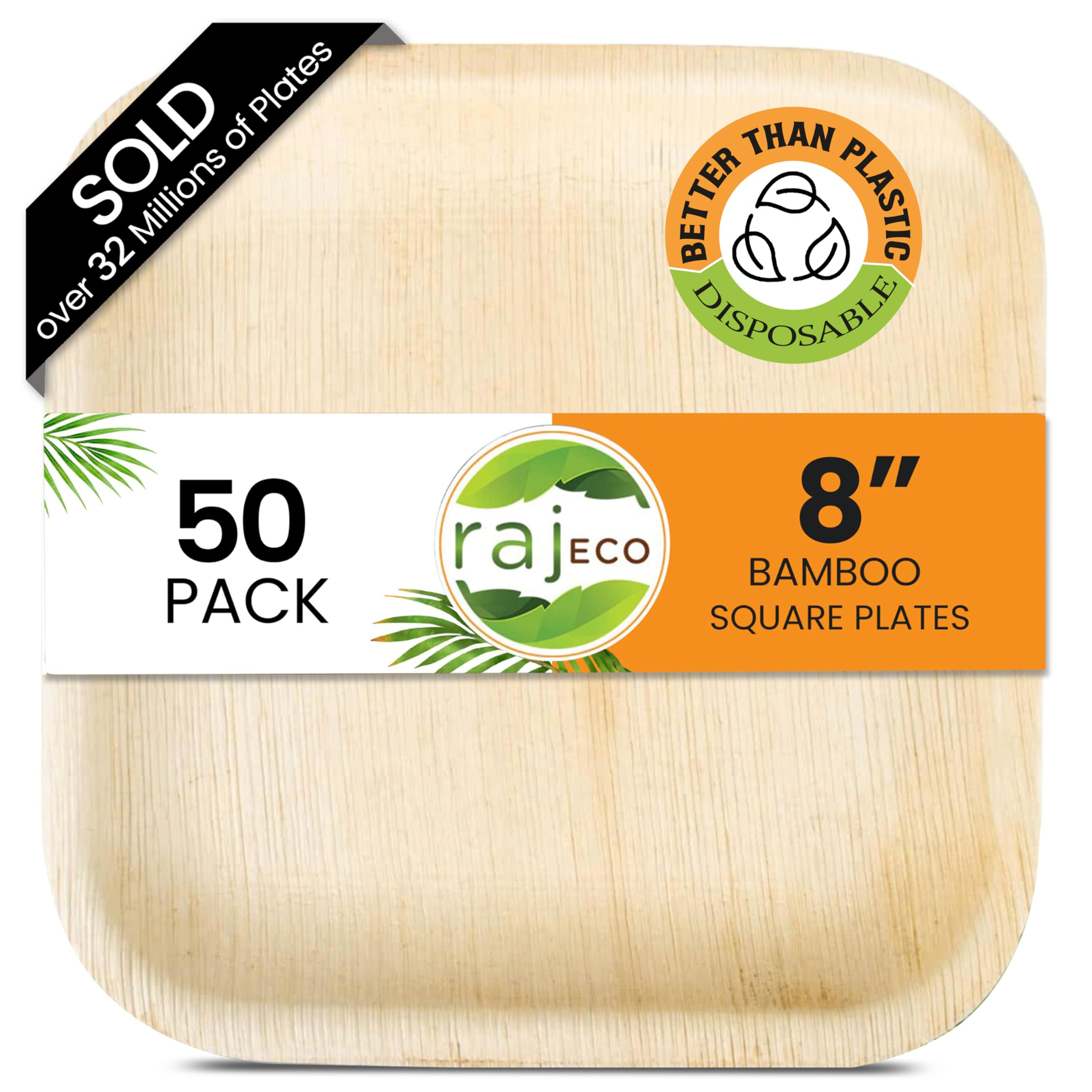 Raj Eco Compostable Palm Leaf Plates Like Bamboo Plates Disposable - 8 Inch Square 50 party plates  Natural wooden  Eco-Friendly  fancy Biodegradable & Disposable Dessert appetizer Plates