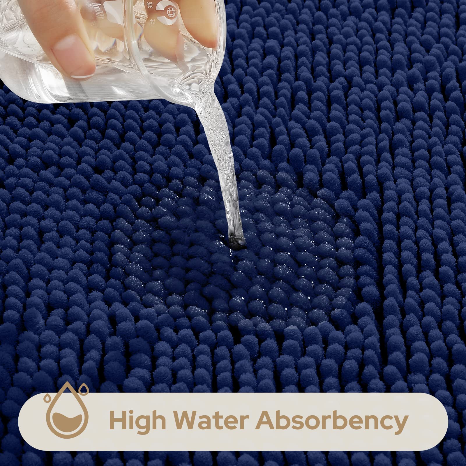 HOMEIDEAS 3 Pieces Bathroom Rugs  Ultra Soft Non Slip Absorbent Chenille Toilet Bath Mat Set (Navy Blue)